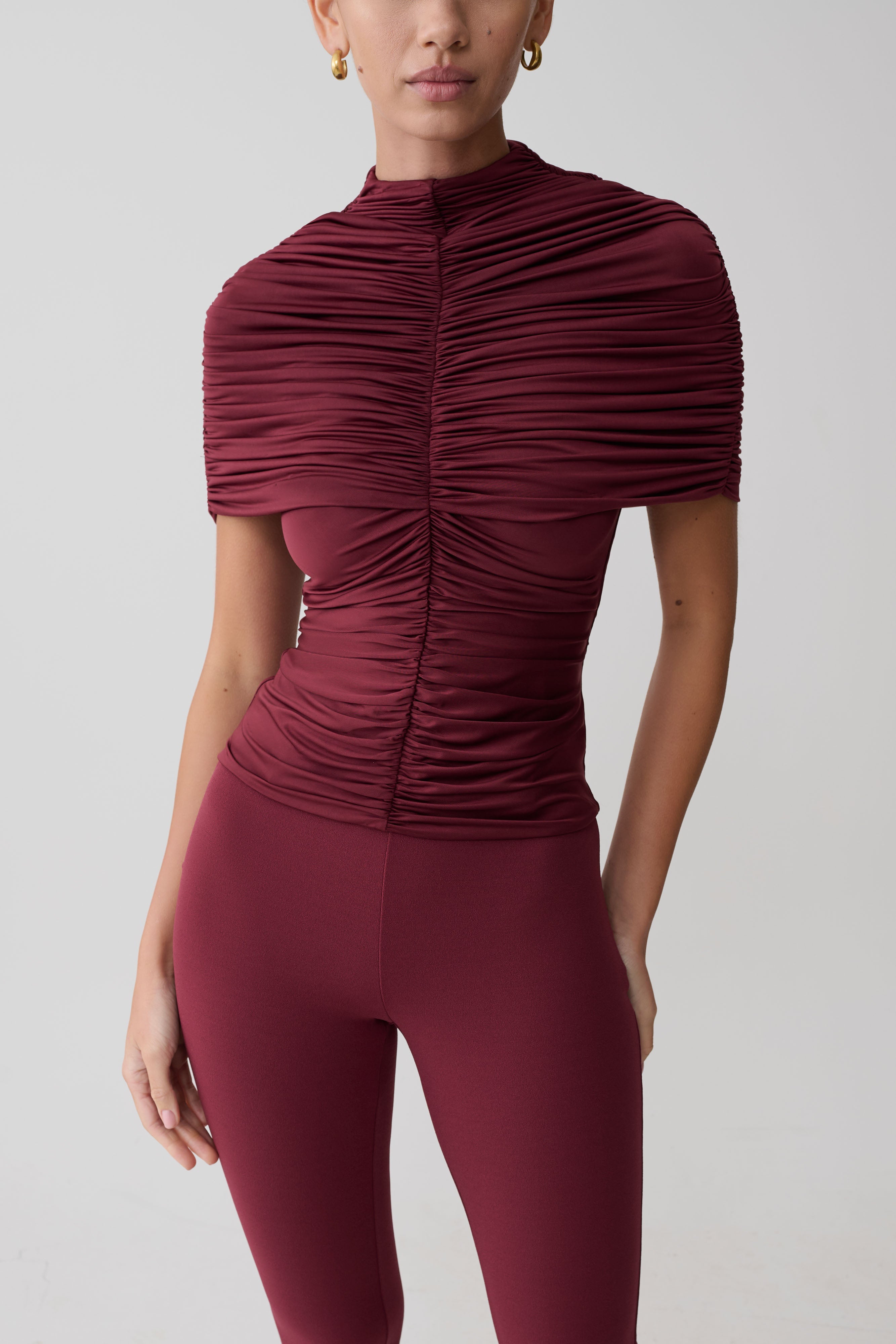 Linh Slinky High Neck Gathered Top - Mahogany | MESHKI US