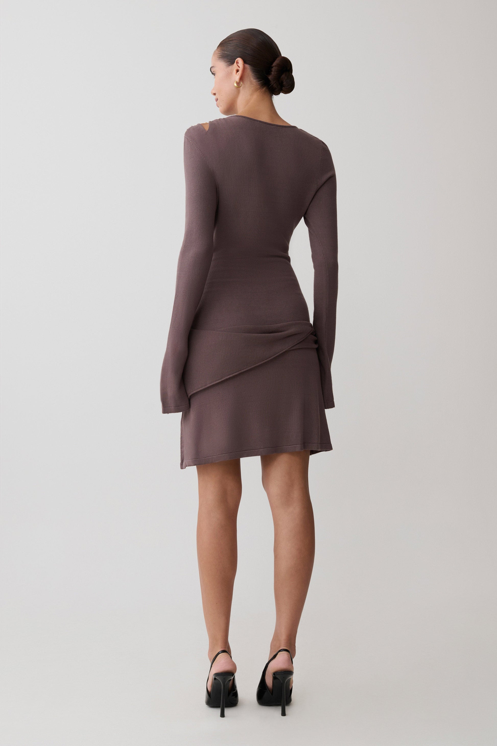 Cresida Knit Long Sleeve Mini Dress With Hardware - Peppercorn | MESHKI US Cresida Knit Long Sleeve Mini Dress With Hardware - Peppercorn | MESHKI US