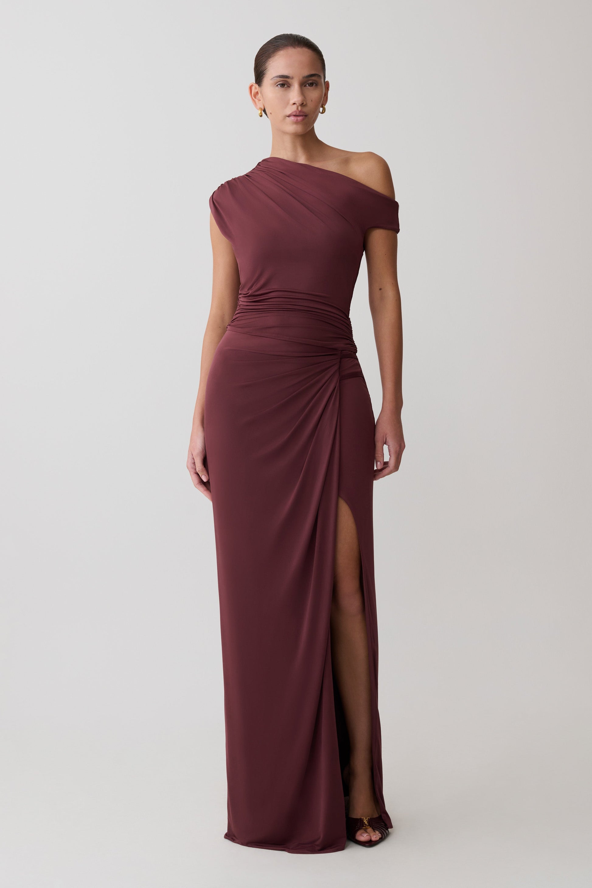 Alyn Off Shoulder Draped Maxi Dress / Dark Plum | MESHKI