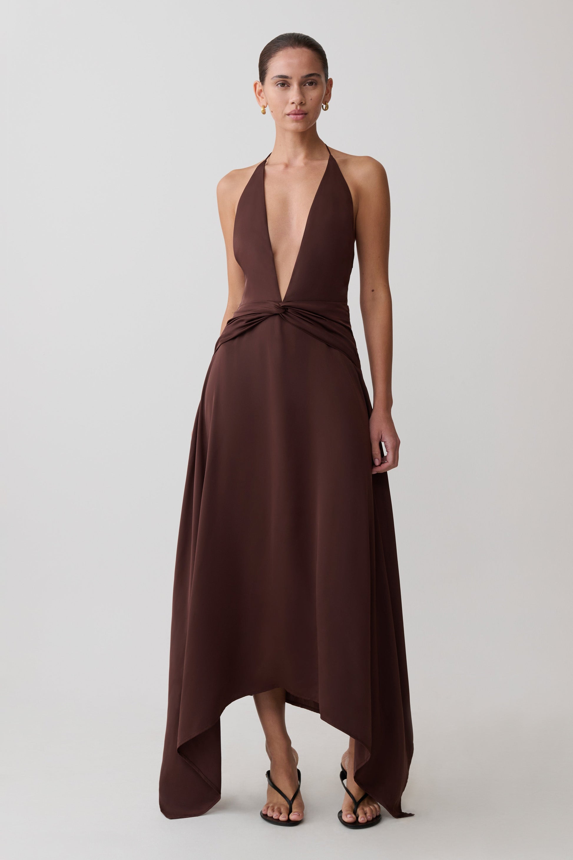 Cyra Plunge Satin Midi Dress / Dark Chocolate | MESHKI