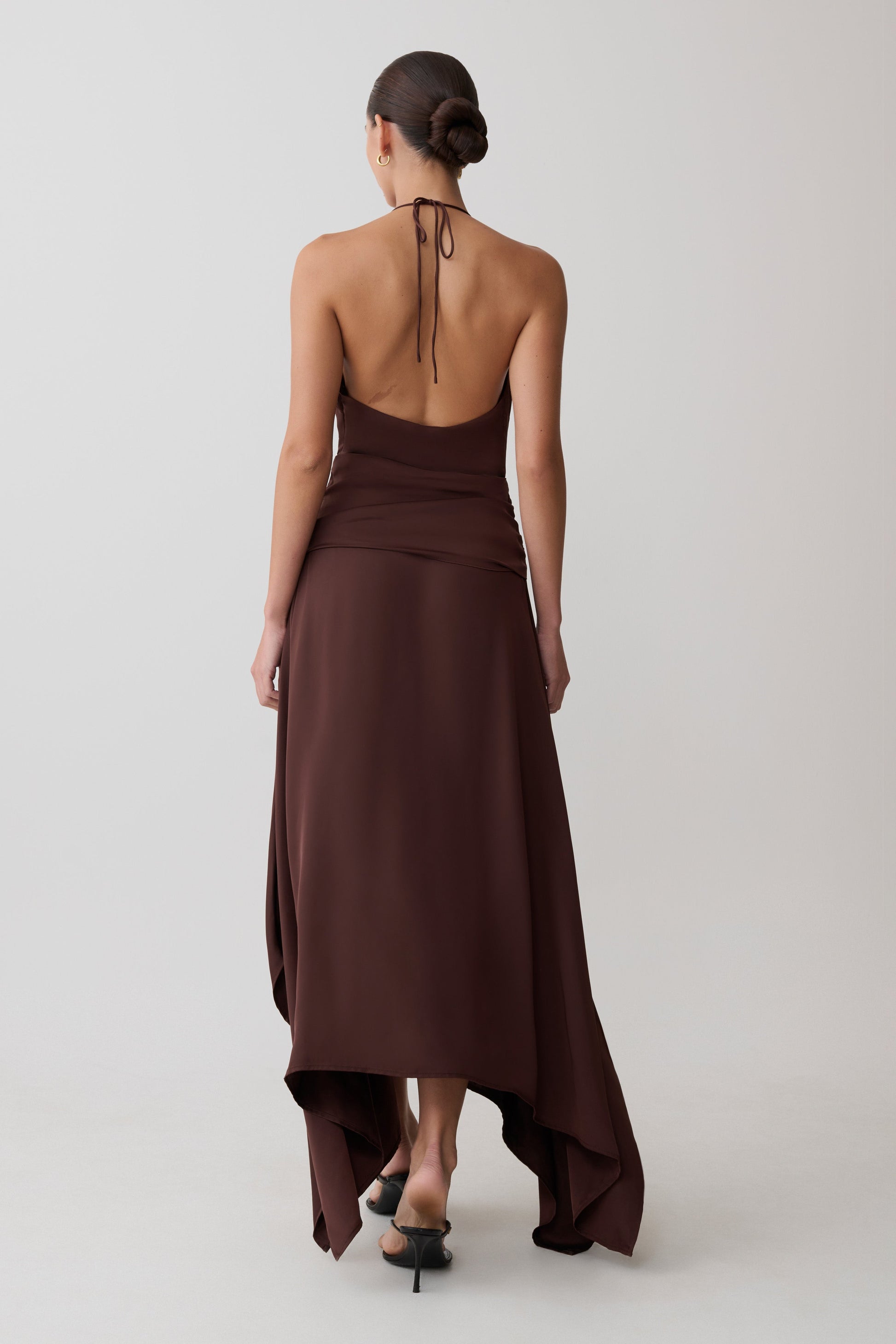 Cyra Plunge Satin Midi Dress / Dark Chocolate | MESHKI | XXL Cyra Plunge Satin Midi Dress / Dark Chocolate | MESHKI | XXL