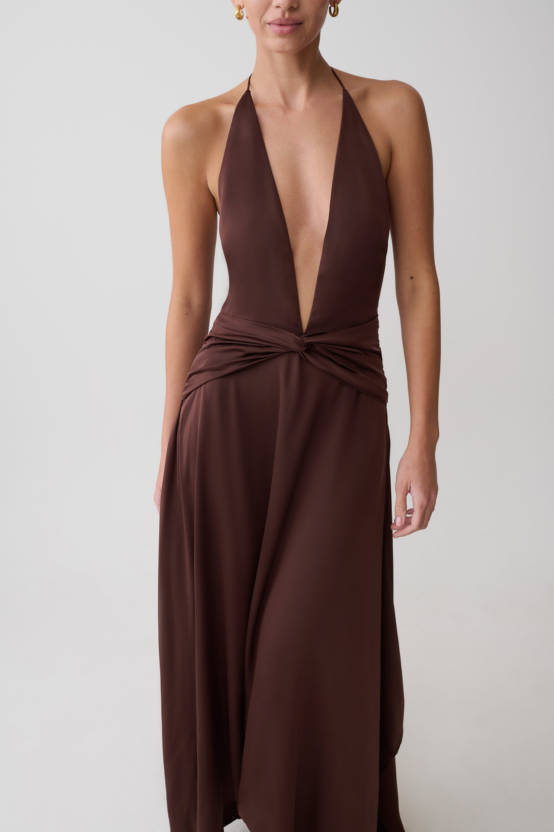 chocolate brown satin midi dress & Other Stories | Cowl-Neck Satin Midi Dress | Brown