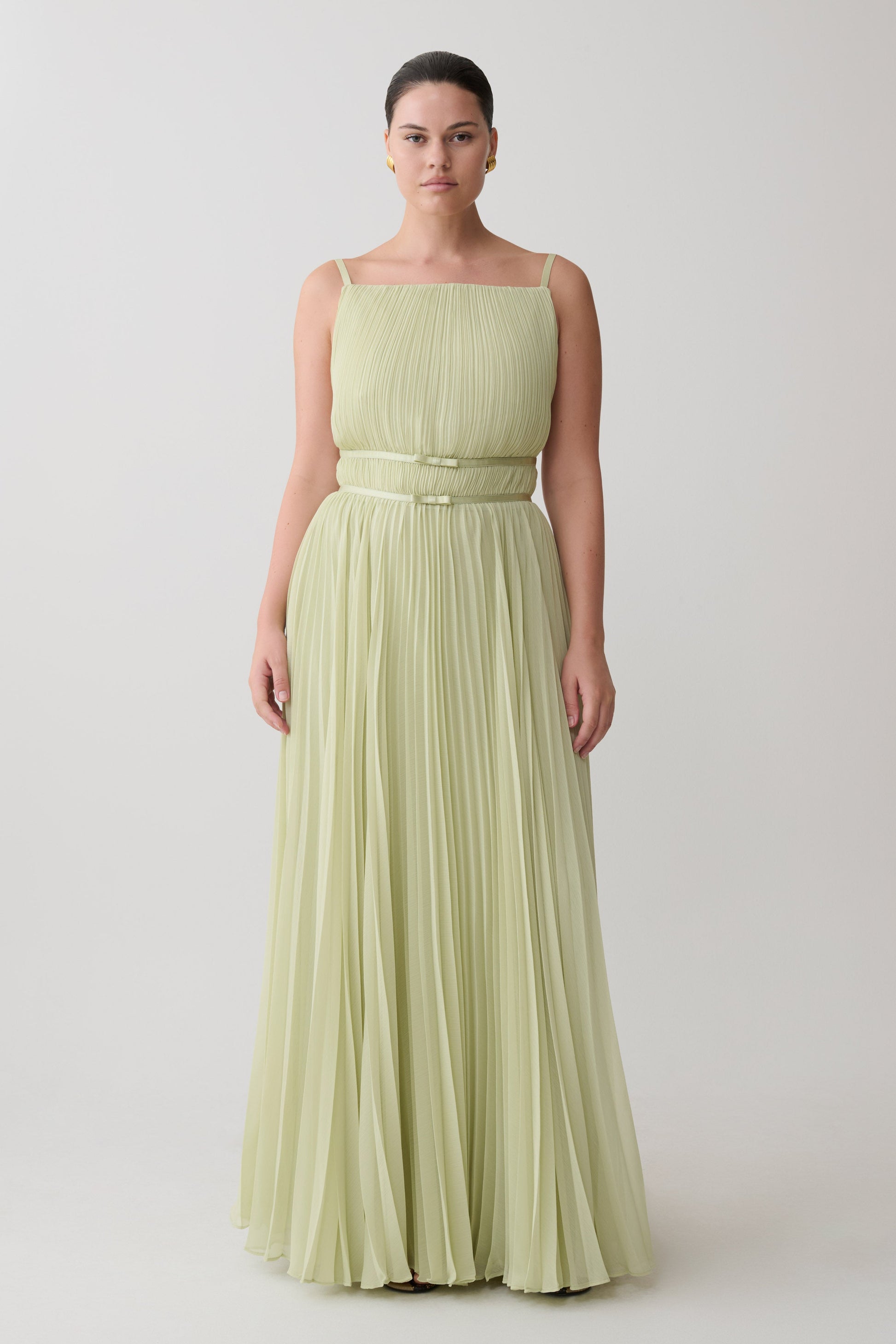 green pleated maxi dress Clarisse Pleated Maxi Dress / Sage | MESHKI
