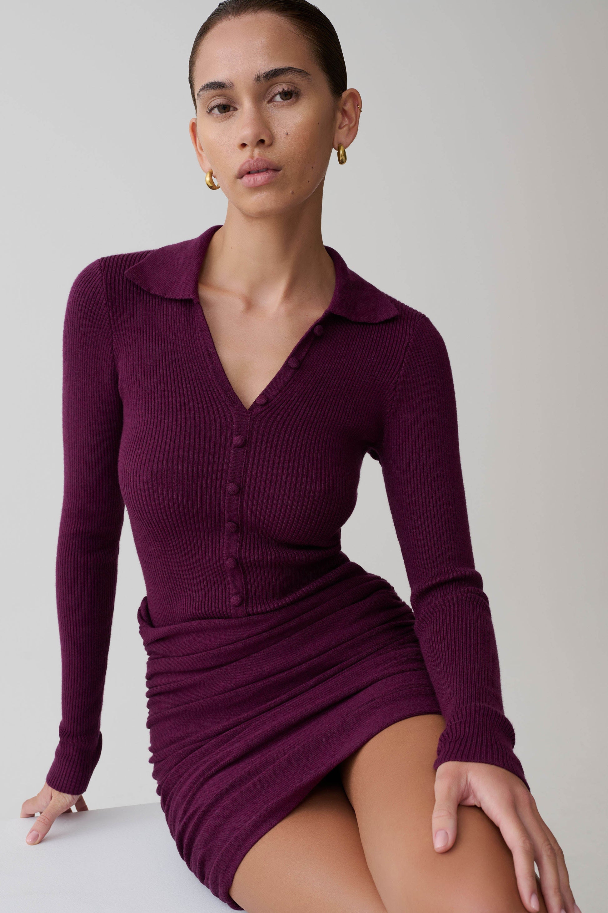 Agness Long Sleeve Button Up Knit Dress / Plum | MESHKI