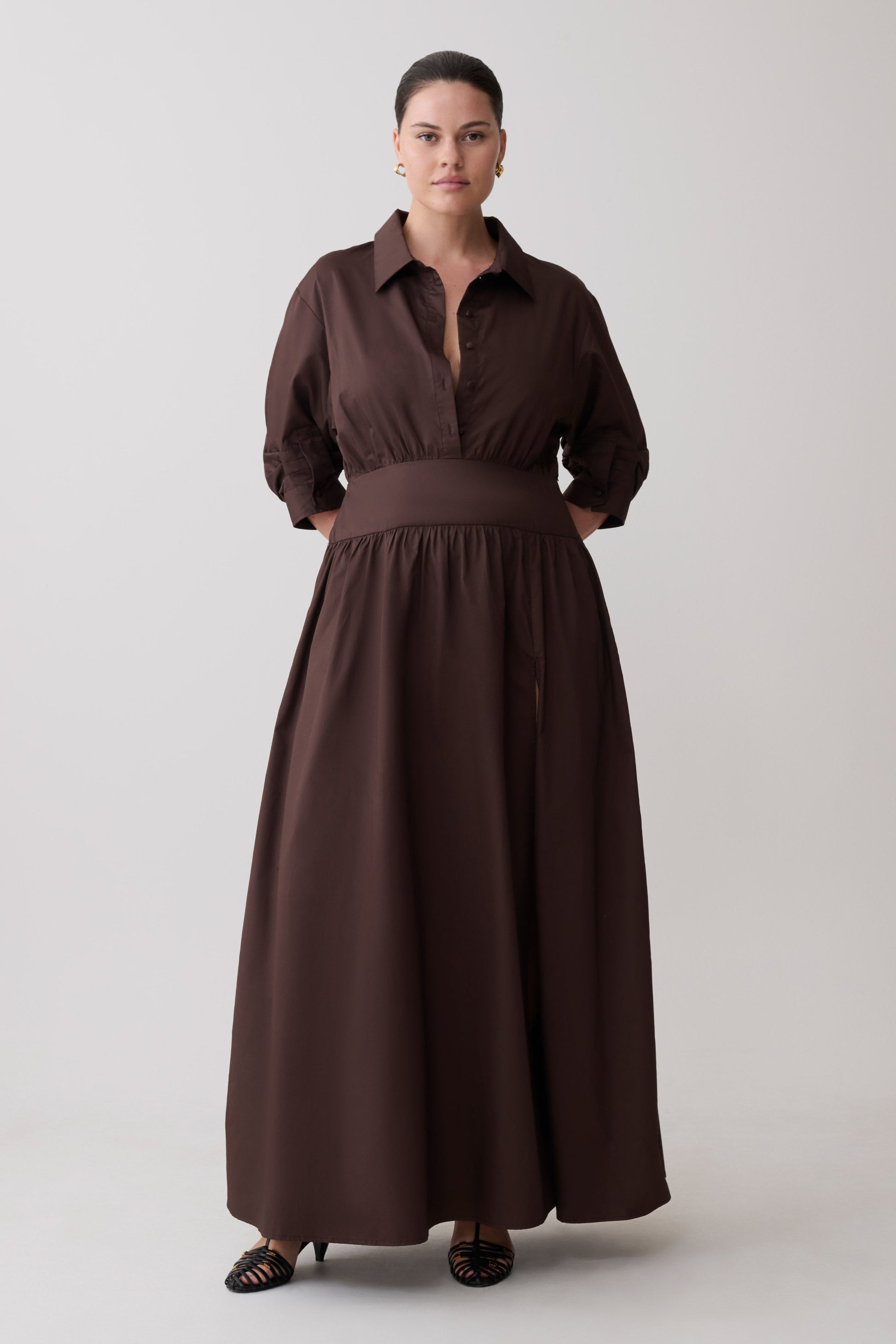 brown cotton dress Isolde Long Sleeve Cotton Maxi Dress / Dark Chocolate | MESHKI