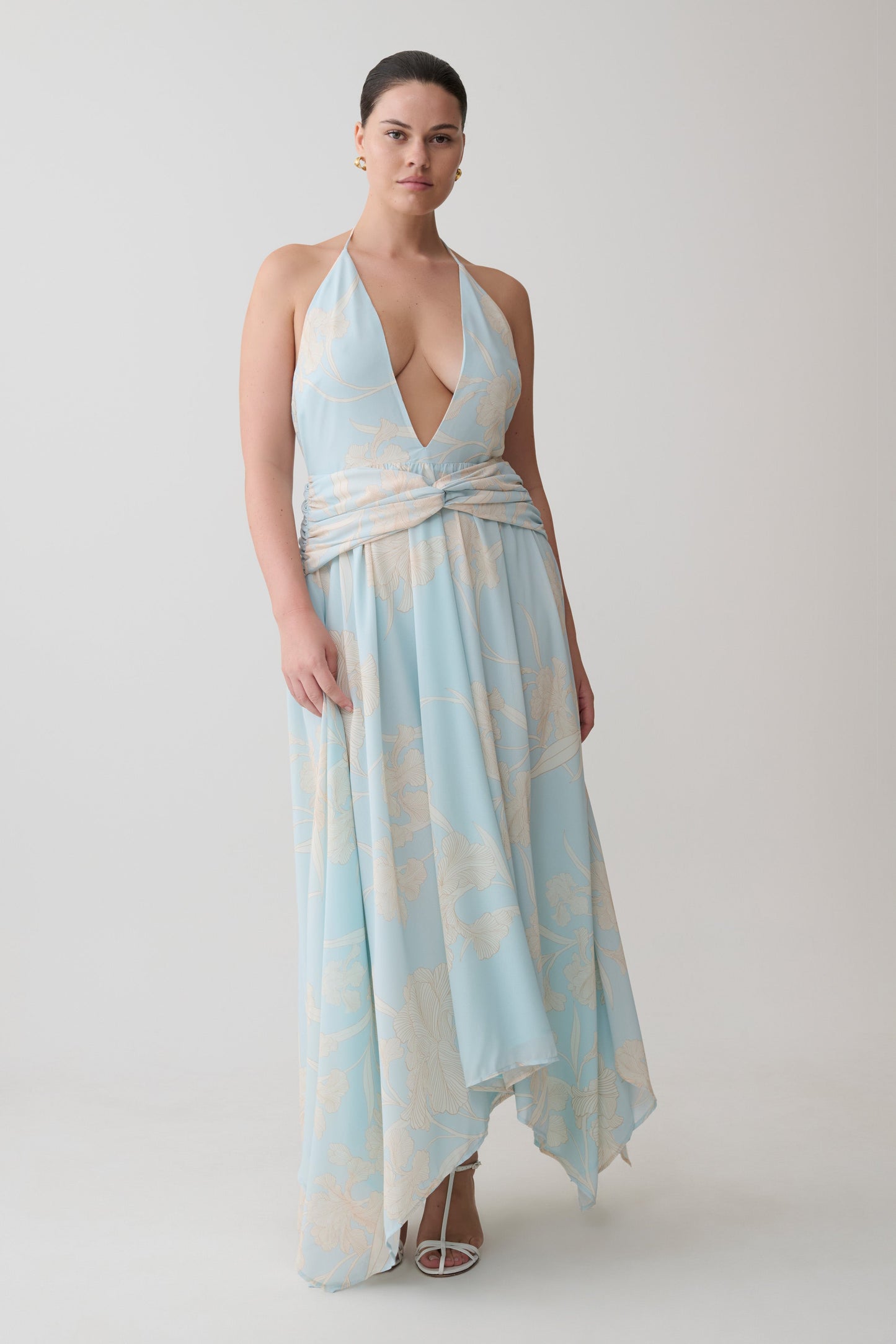 Cyra Plunge Chiffon Midi Dress - Blue Floral Print