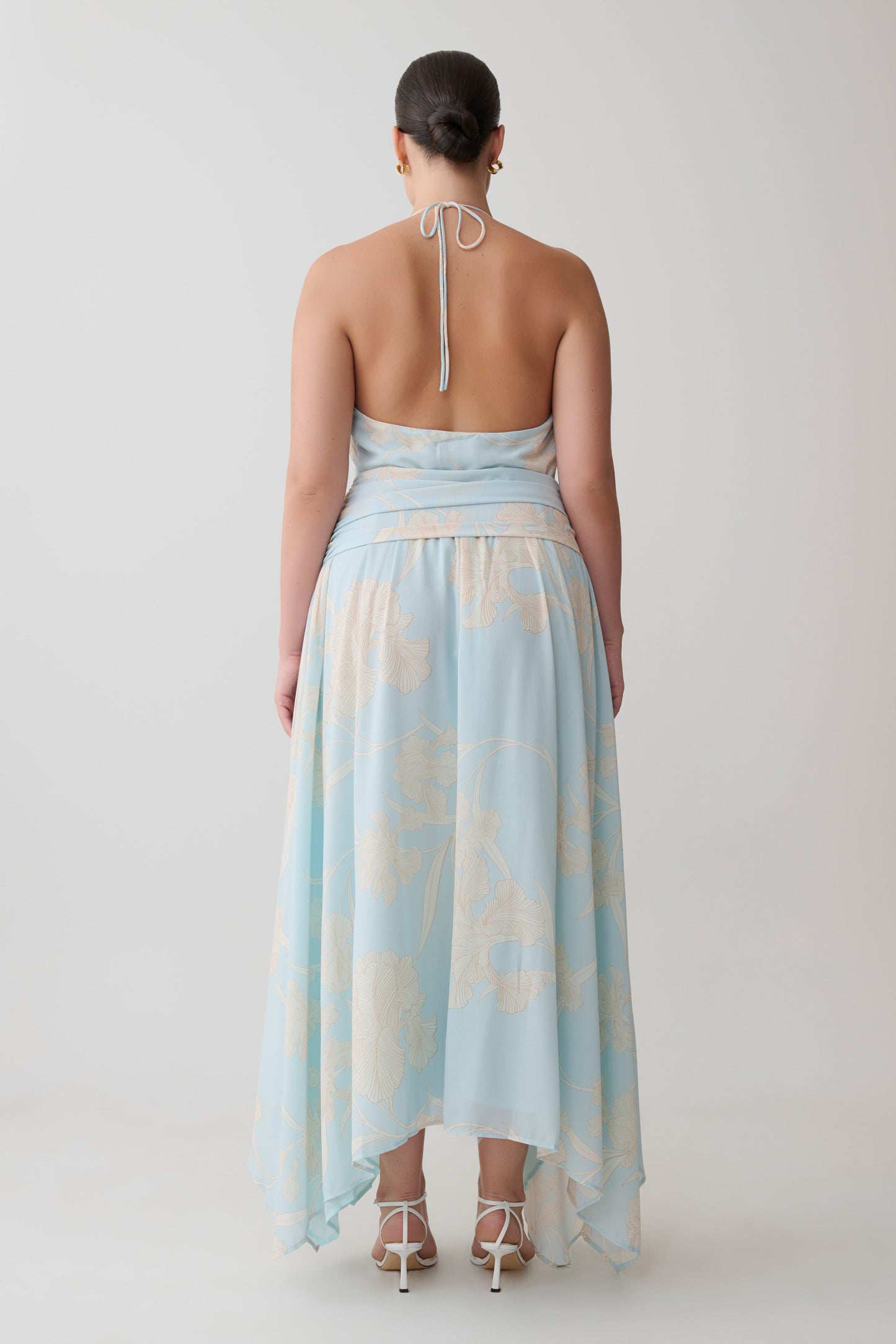 Cyra Plunge Chiffon Midi Dress - Blue Floral Print