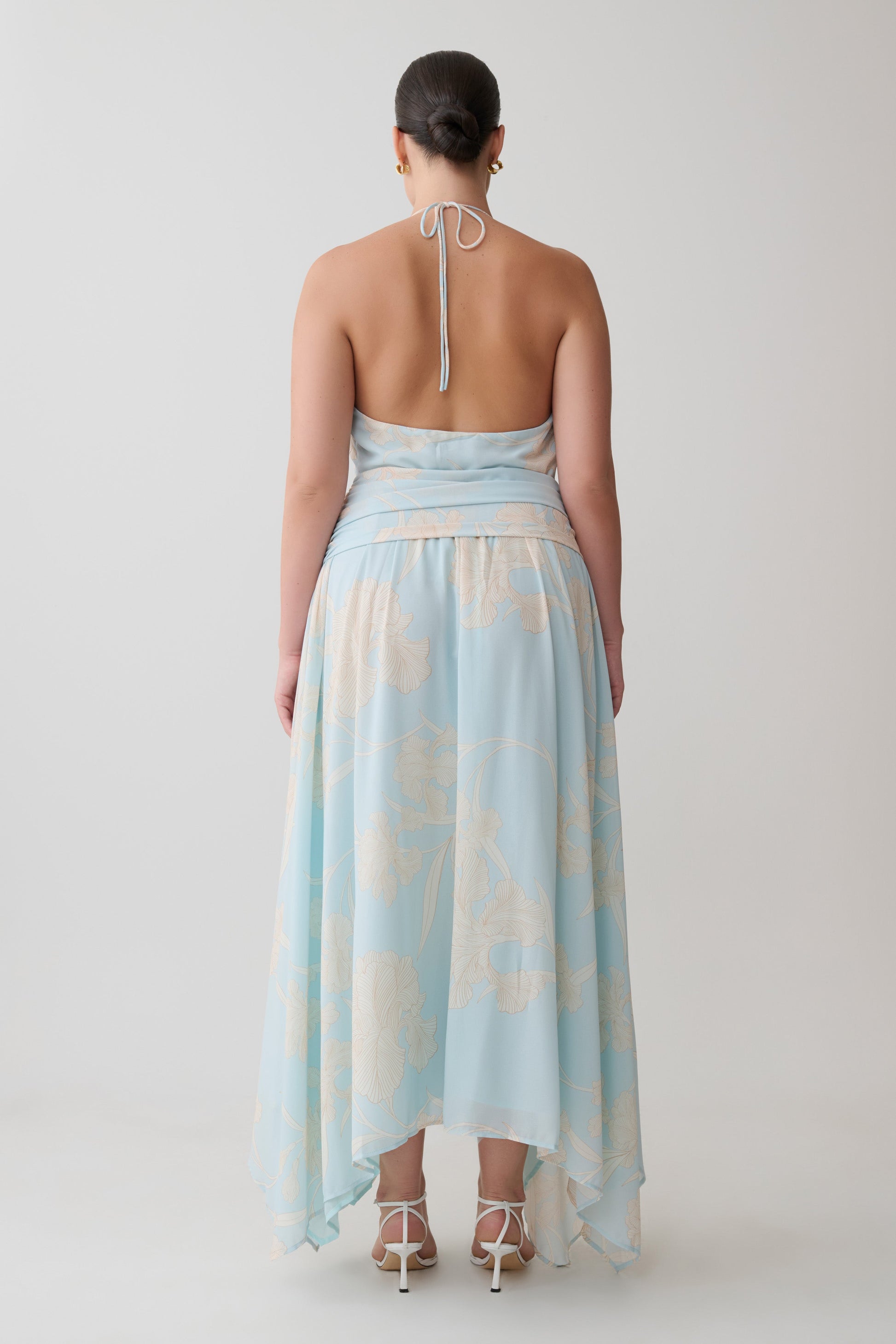 Cyra Plunge Chiffon Midi Dress - Blue Floral Print #2