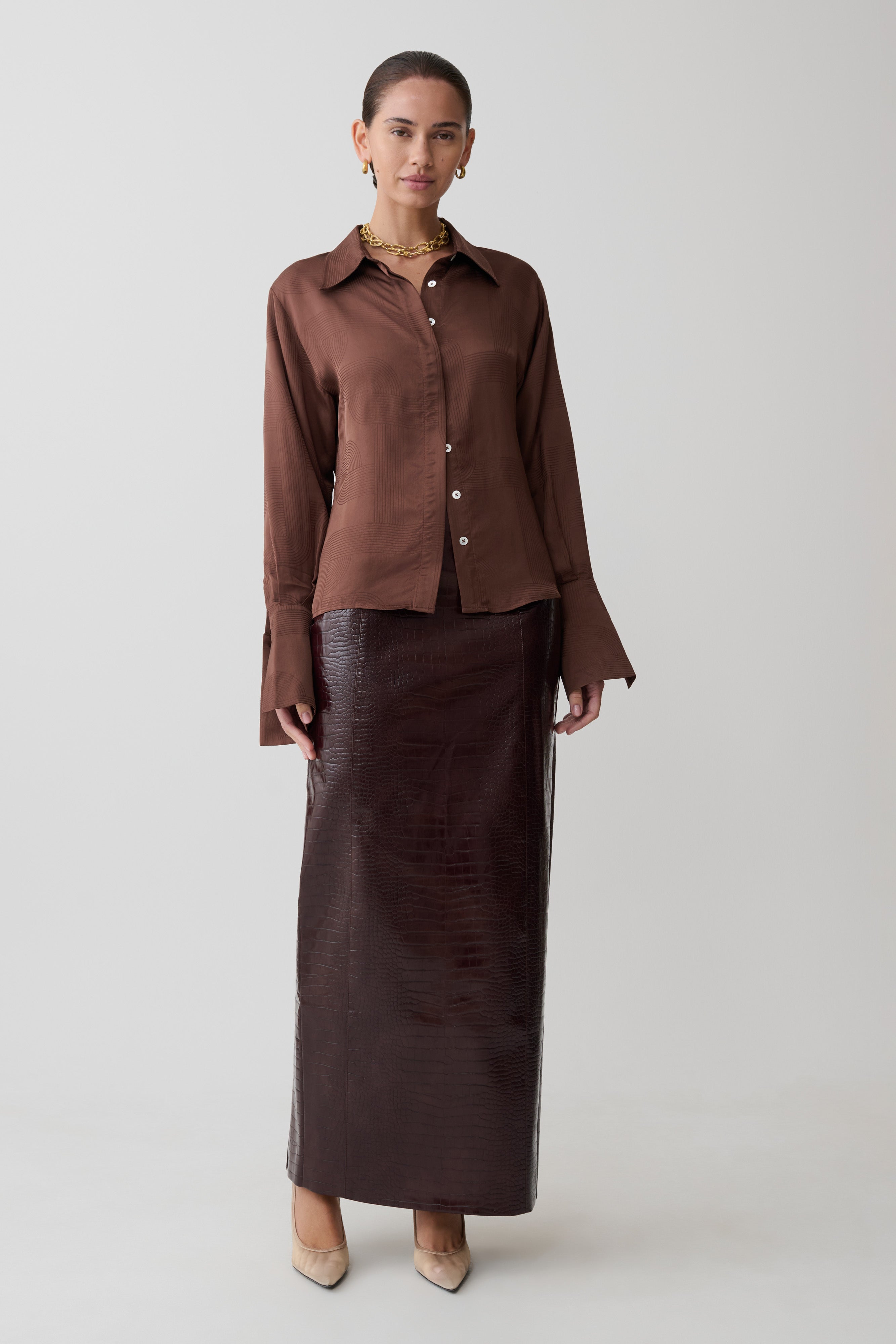 Gia Long Sleeve Satin Shirt - Chocolate | MESHKI US