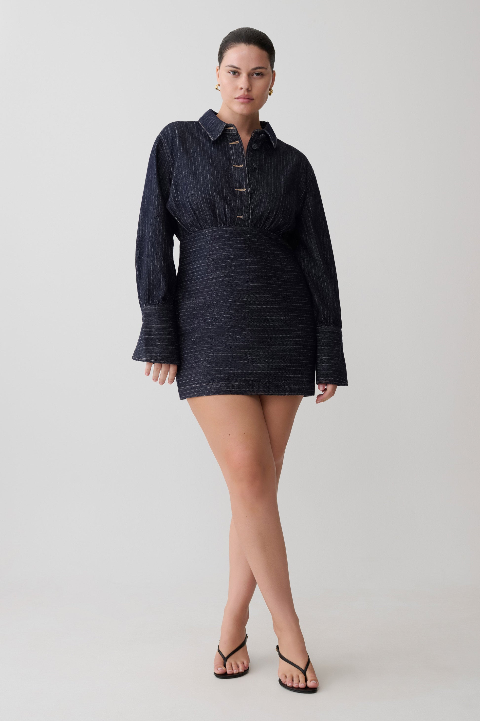 Zarah Denim Long Sleeve Mini Dress / Indigo Pinstripe | MESHKI