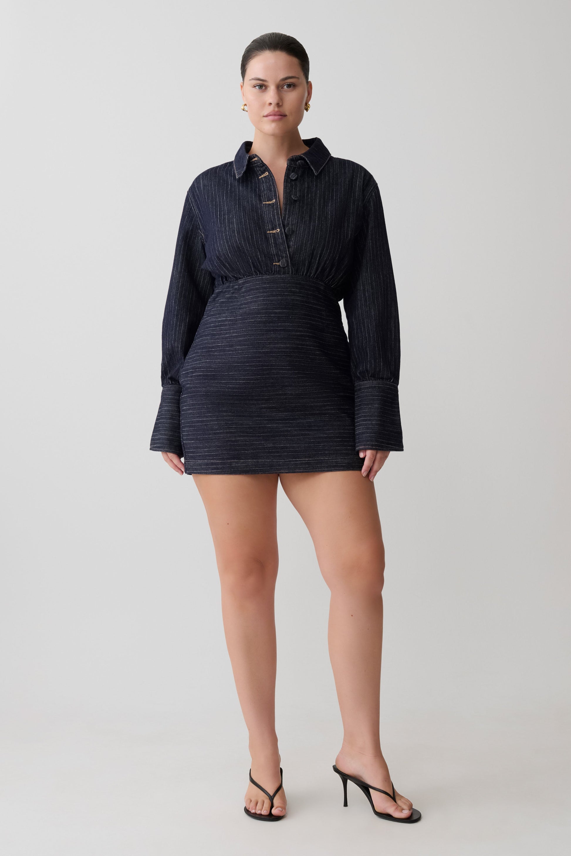 Zarah Denim Long Sleeve Mini Dress / Indigo Pinstripe | MESHKI