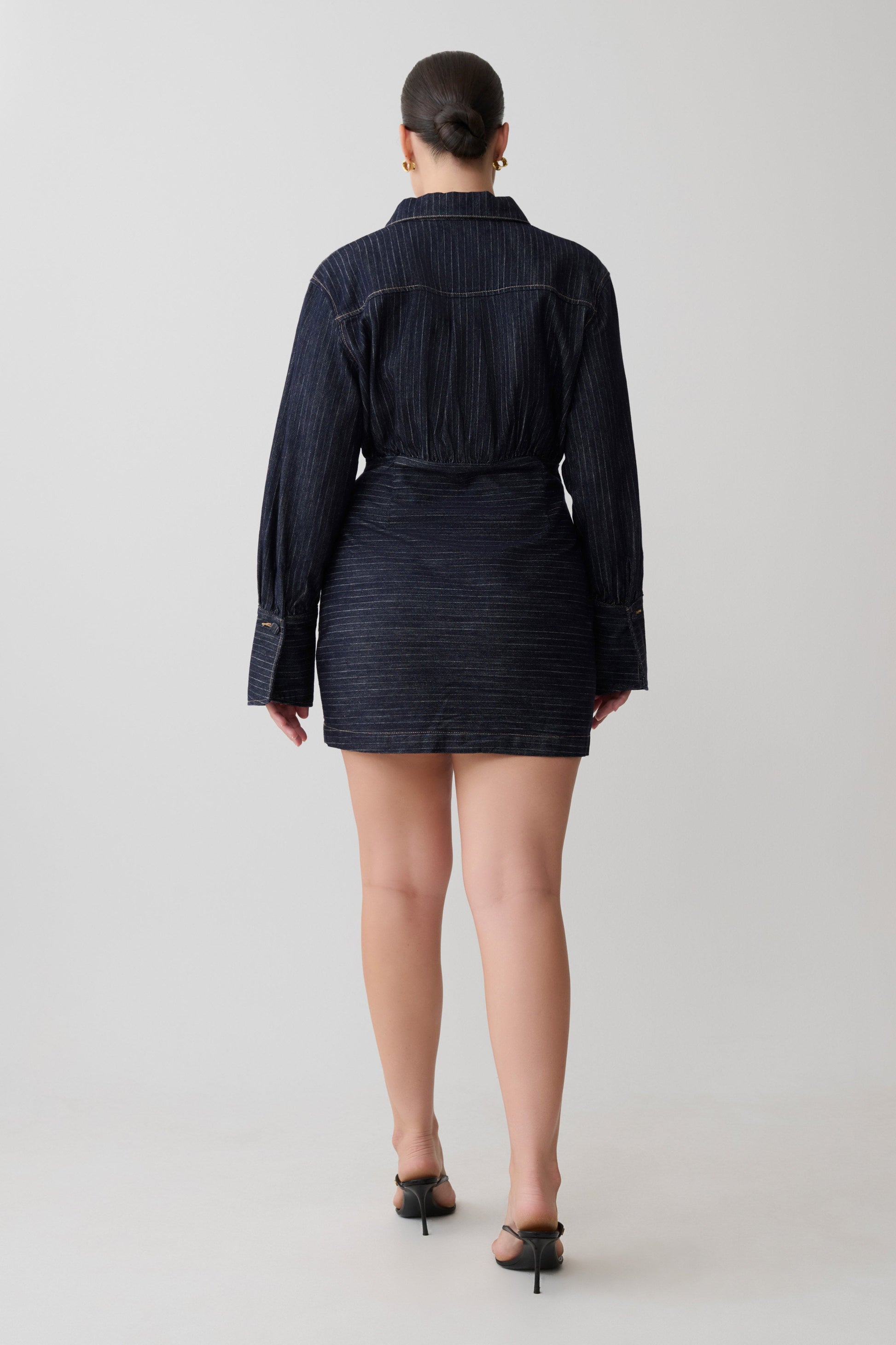 Zarah Denim Long Sleeve Mini Dress - Indigo Pinstripe | MESHKI US Zarah Denim Long Sleeve Mini Dress - Indigo Pinstripe | MESHKI US