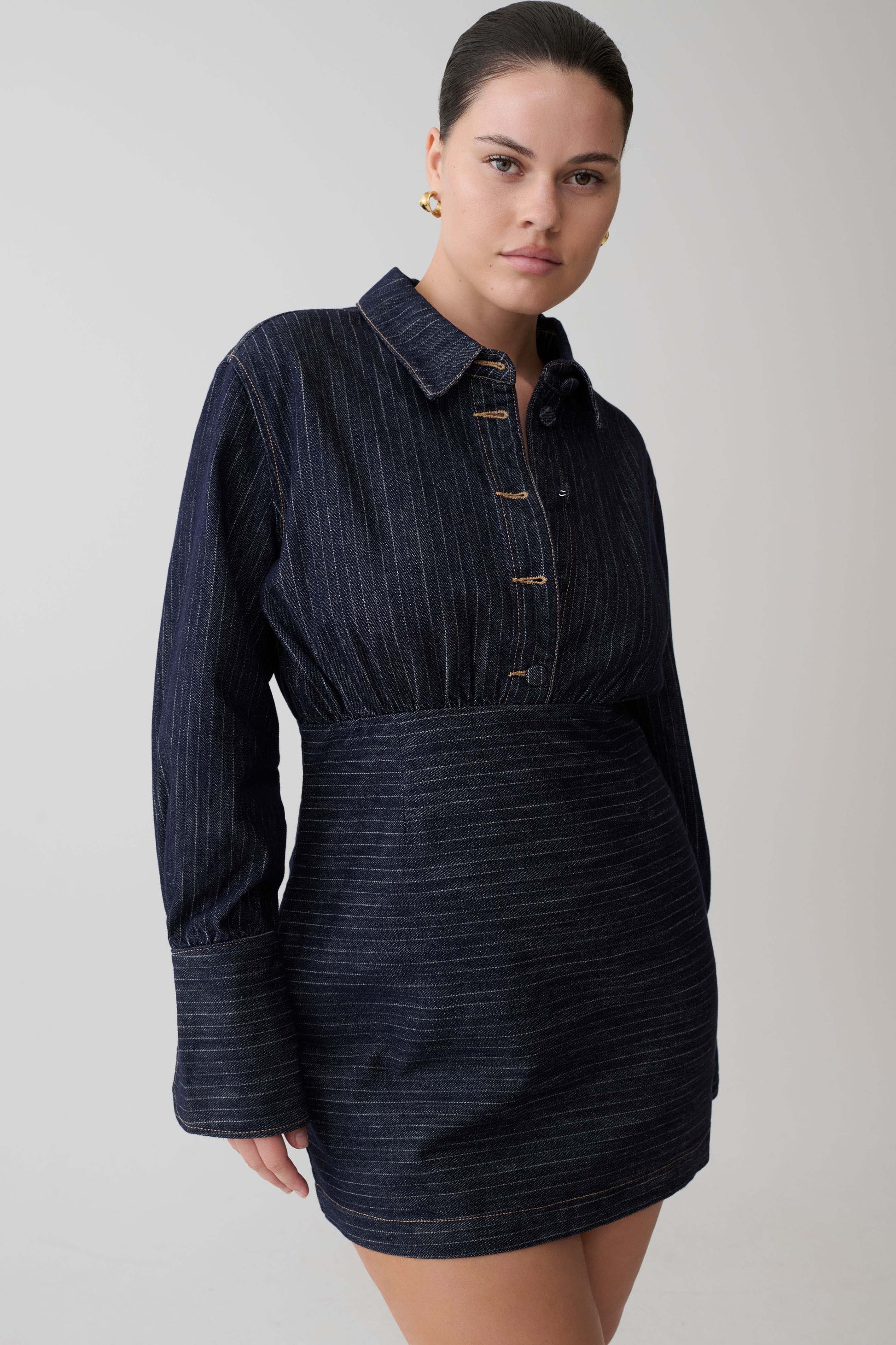 Zarah Denim Long Sleeve Mini Dress / Indigo Pinstripe | MESHKI | M Zarah Denim Long Sleeve Mini Dress / Indigo Pinstripe | MESHKI | M