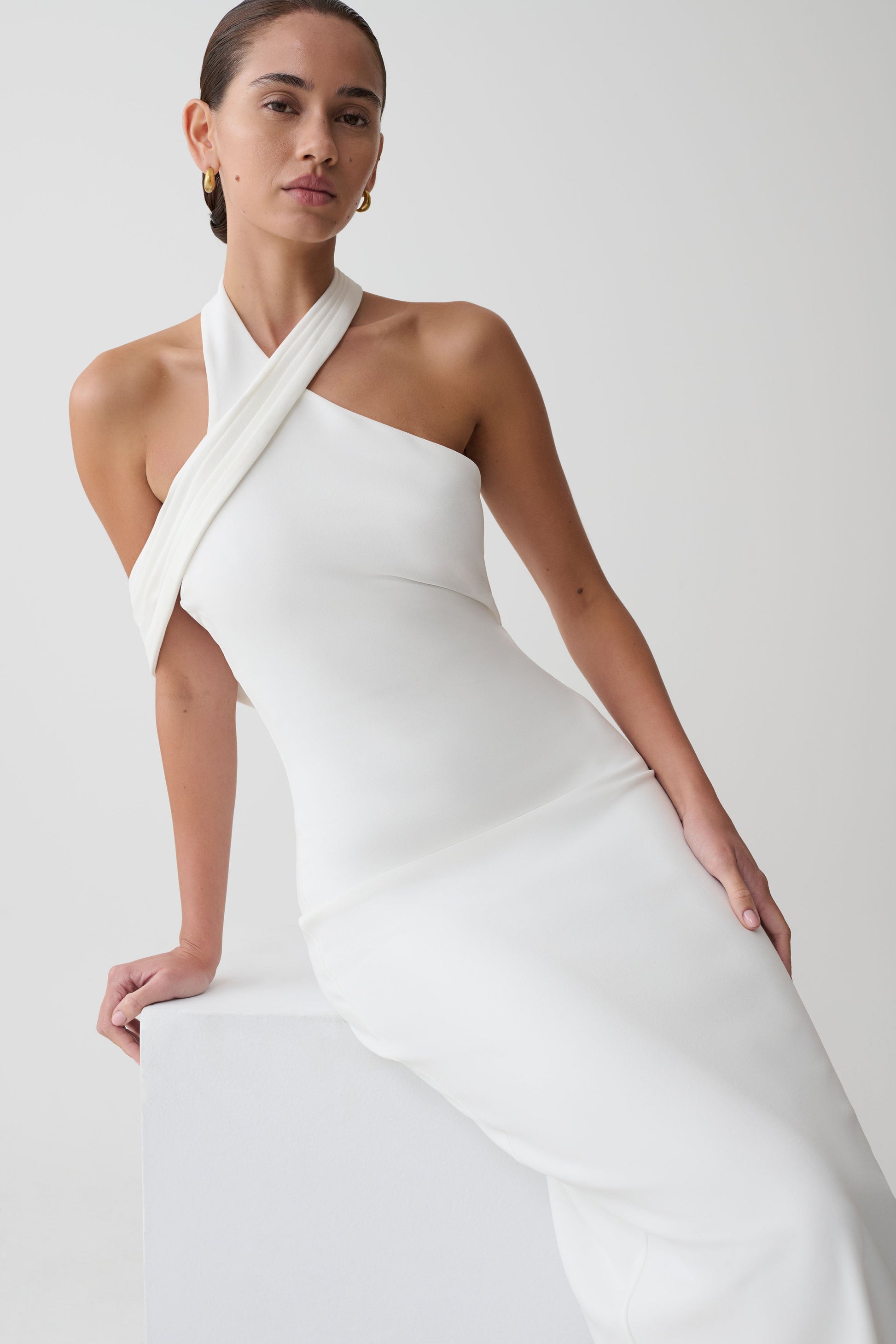 Sable Crossover Crepe Midi Dress - White | MESHKI US Sable Crossover Crepe Midi Dress - White | MESHKI US