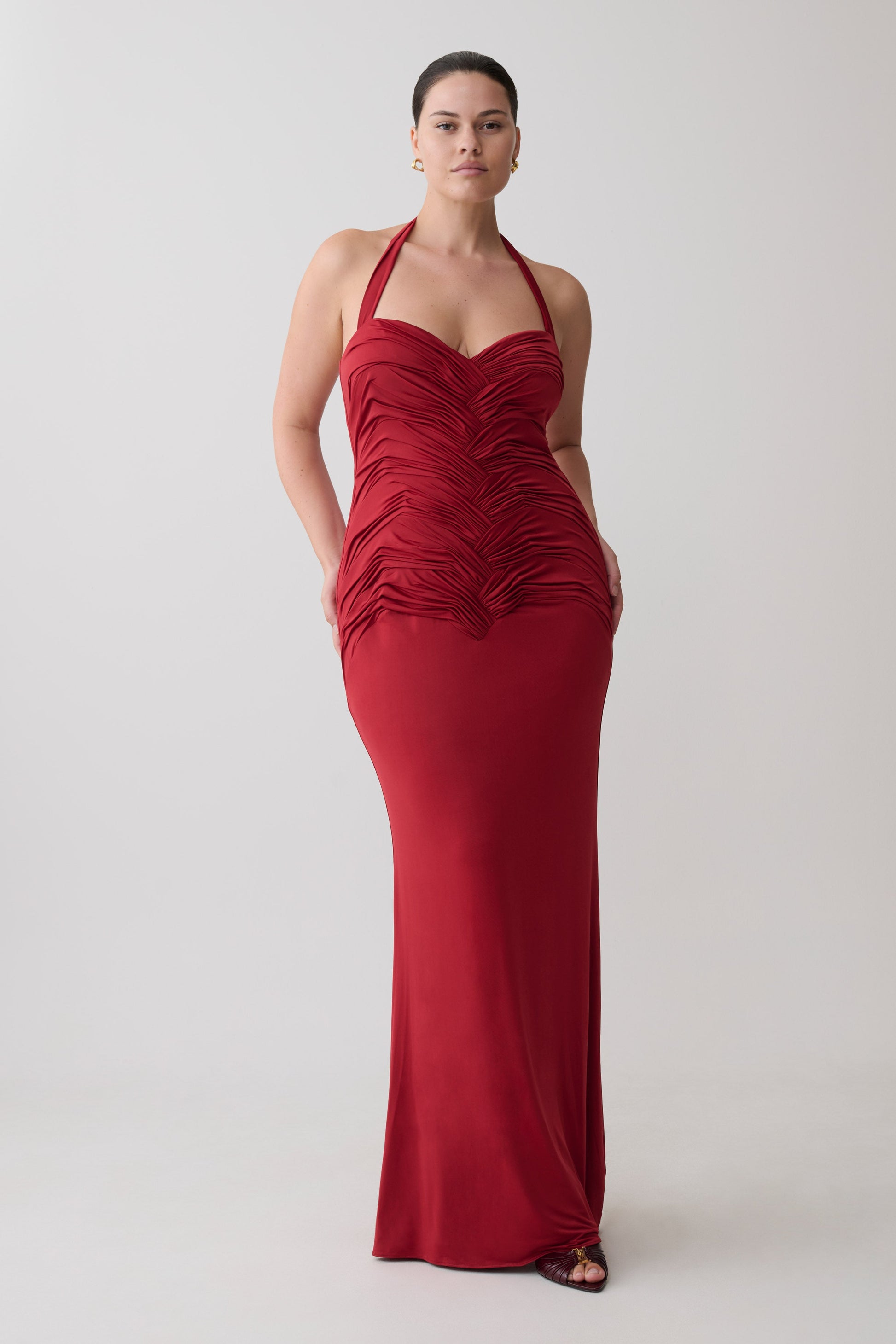 Hoai Gathered Slinky Halter Maxi Dress - Deep Red | MESHKI US Hoai Gathered Slinky Halter Maxi Dress - Deep Red | MESHKI US