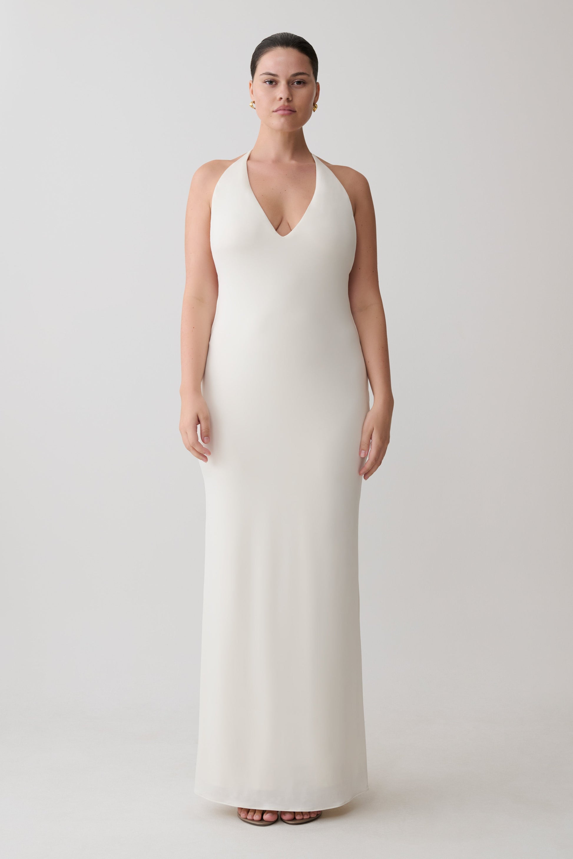 white plunge maxi dress Charlotte Halter Plunge Maxi Dress - White