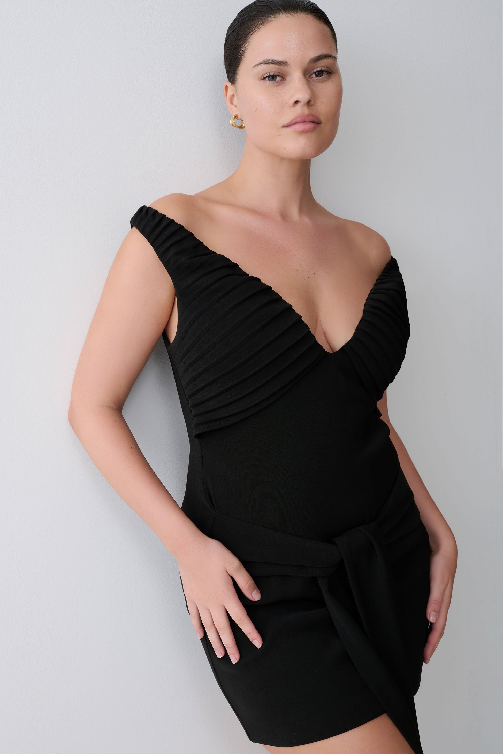 Runa Off Shoulder Mini Dress With Waist Tie - Black | MESHKI US Runa Off Shoulder Mini Dress With Waist Tie - Black | MESHKI US