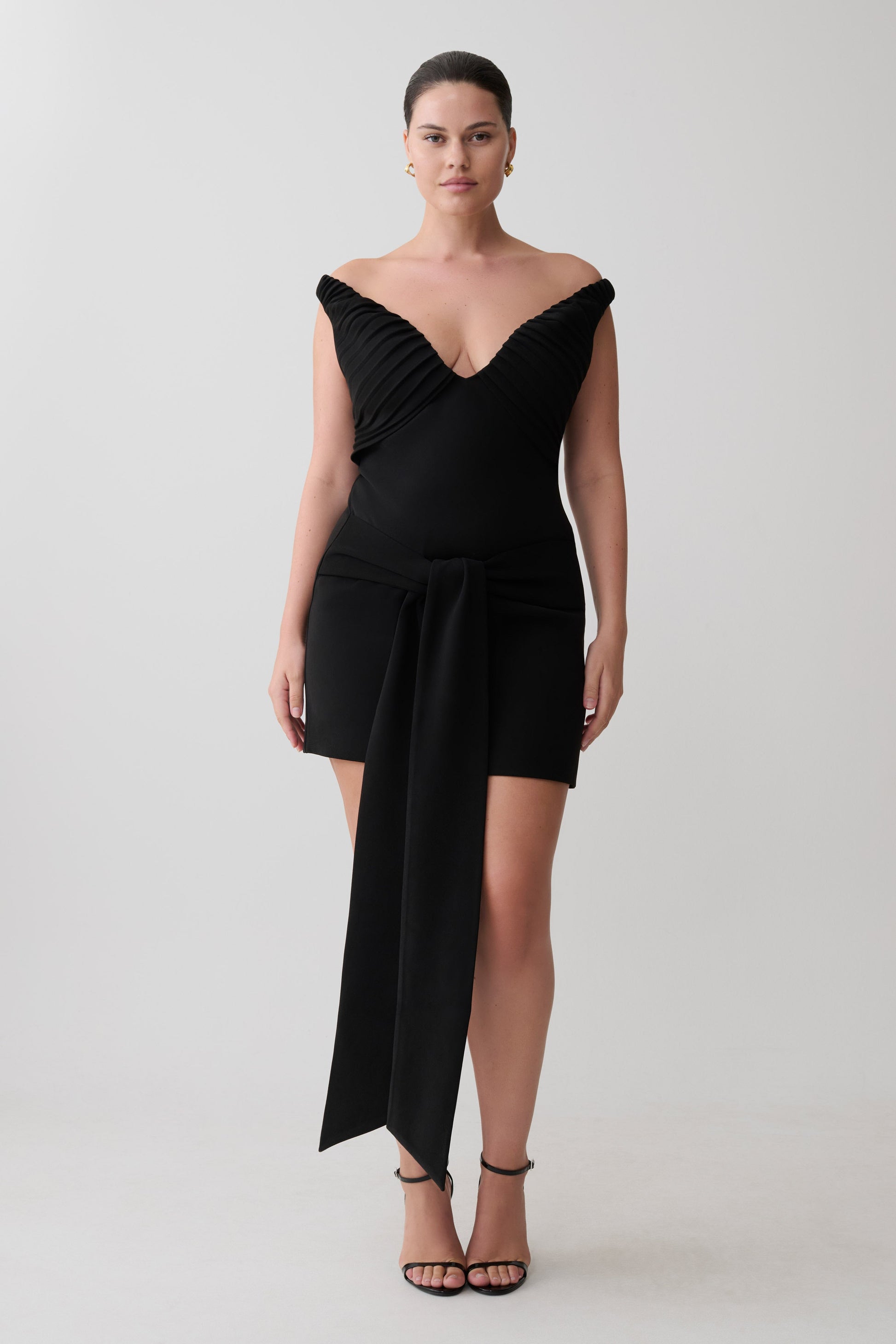 black off the shoulder short dress Runa Off Shoulder Mini Dress With Waist Tie - Black