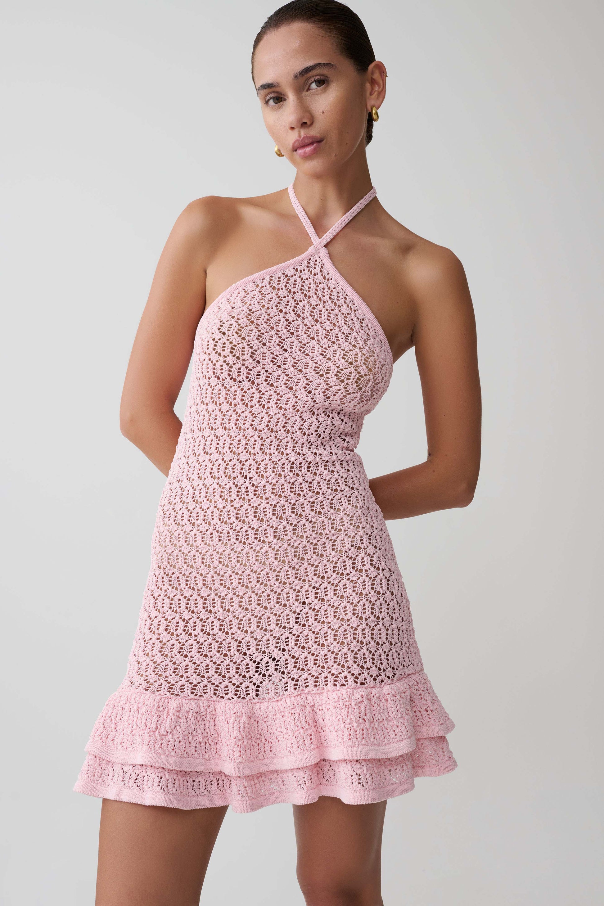 Carrisa Crochet Knit Mini Dress / Baby Pink | MESHKI