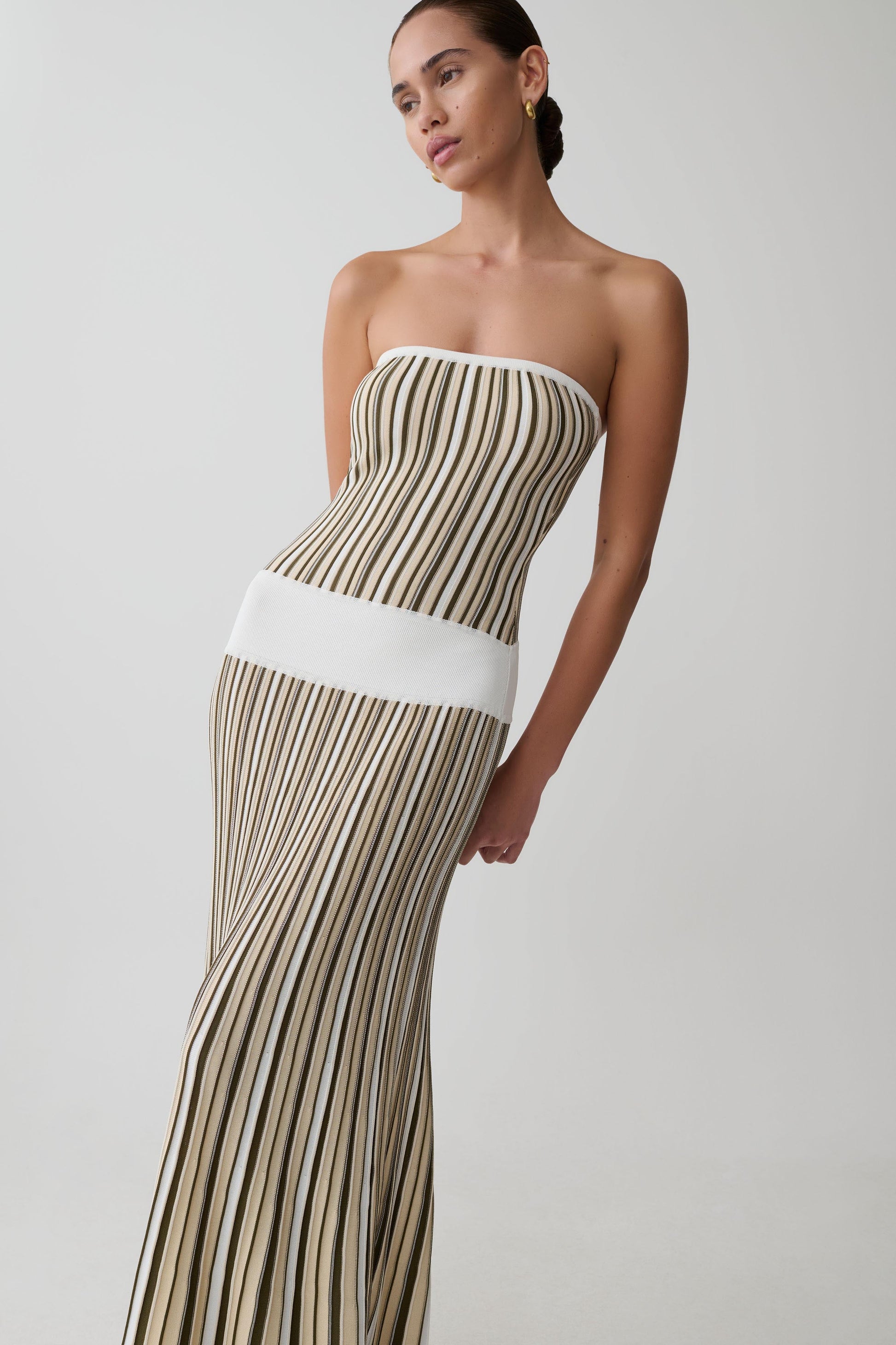 stripe knit o-ring beach maxi dress Joyce Stripe Maxi Knit Dress - Khaki/Ivory