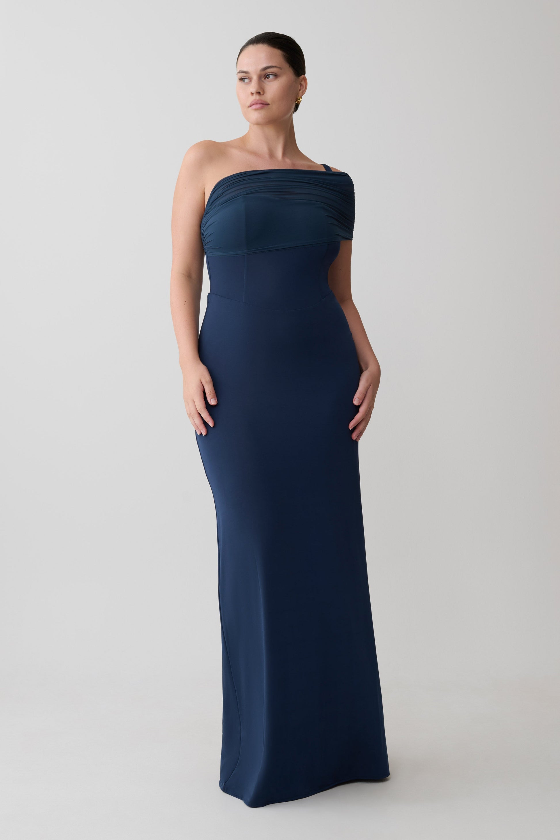 Hanh One Shoulder Mesh Maxi Dress / Ink Blue | MESHKI
