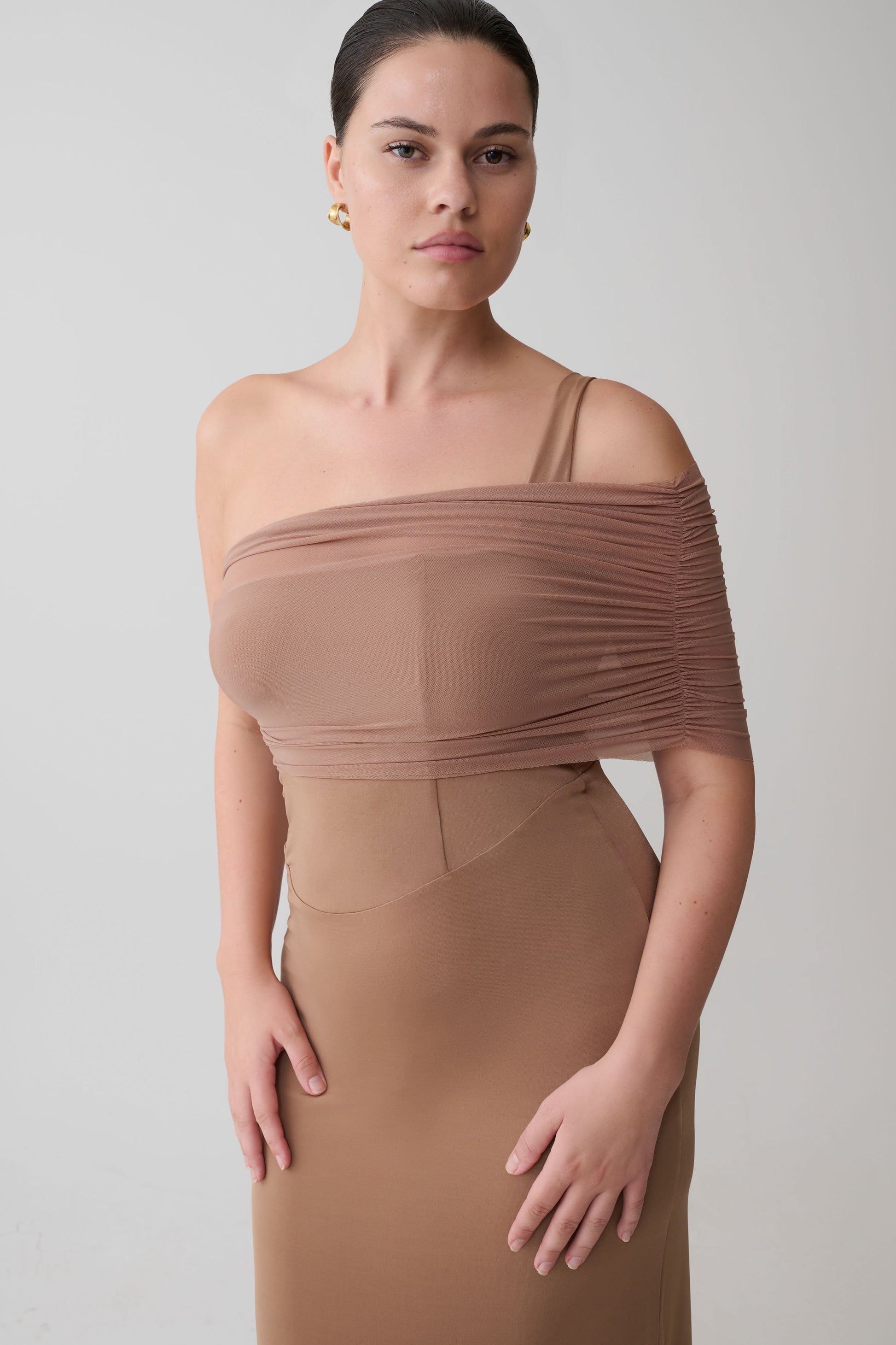 tan mesh dress Hanh One Shoulder Mesh Maxi Dress - Tan