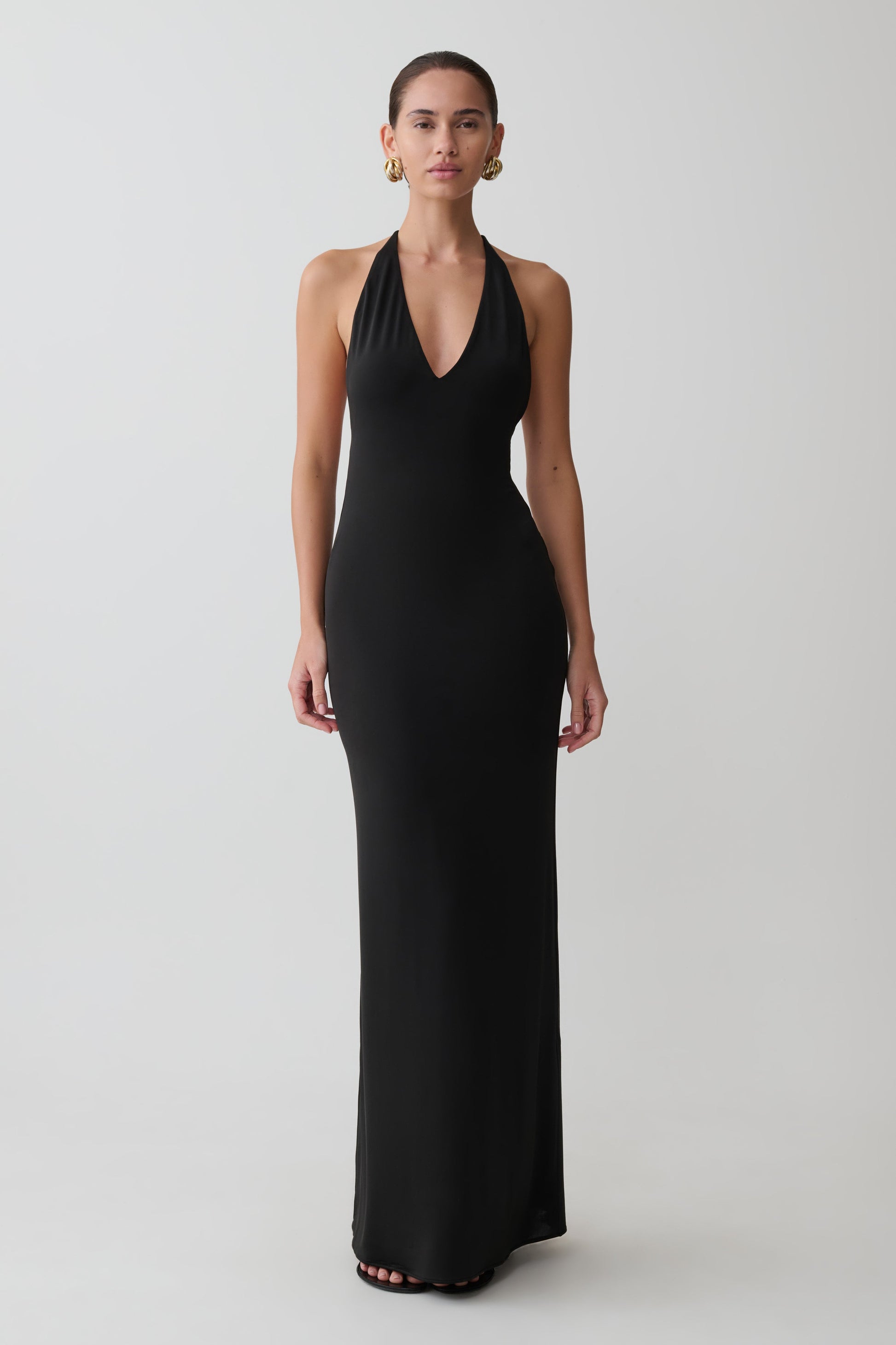 Hana Slinky Plunge Maxi Dress / Black | MESHKI