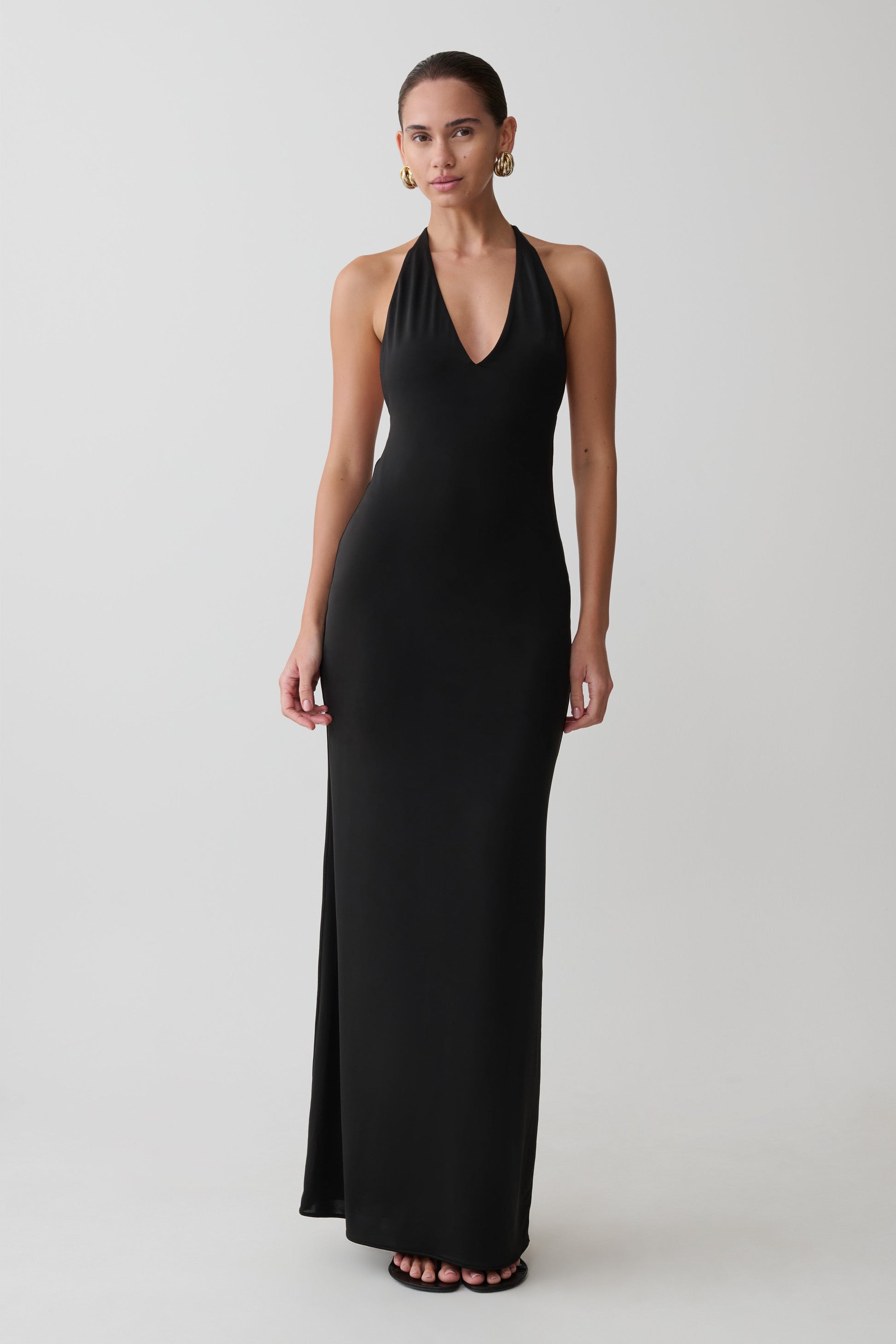 Hana Slinky Plunge Maxi Dress / Black | MESHKI