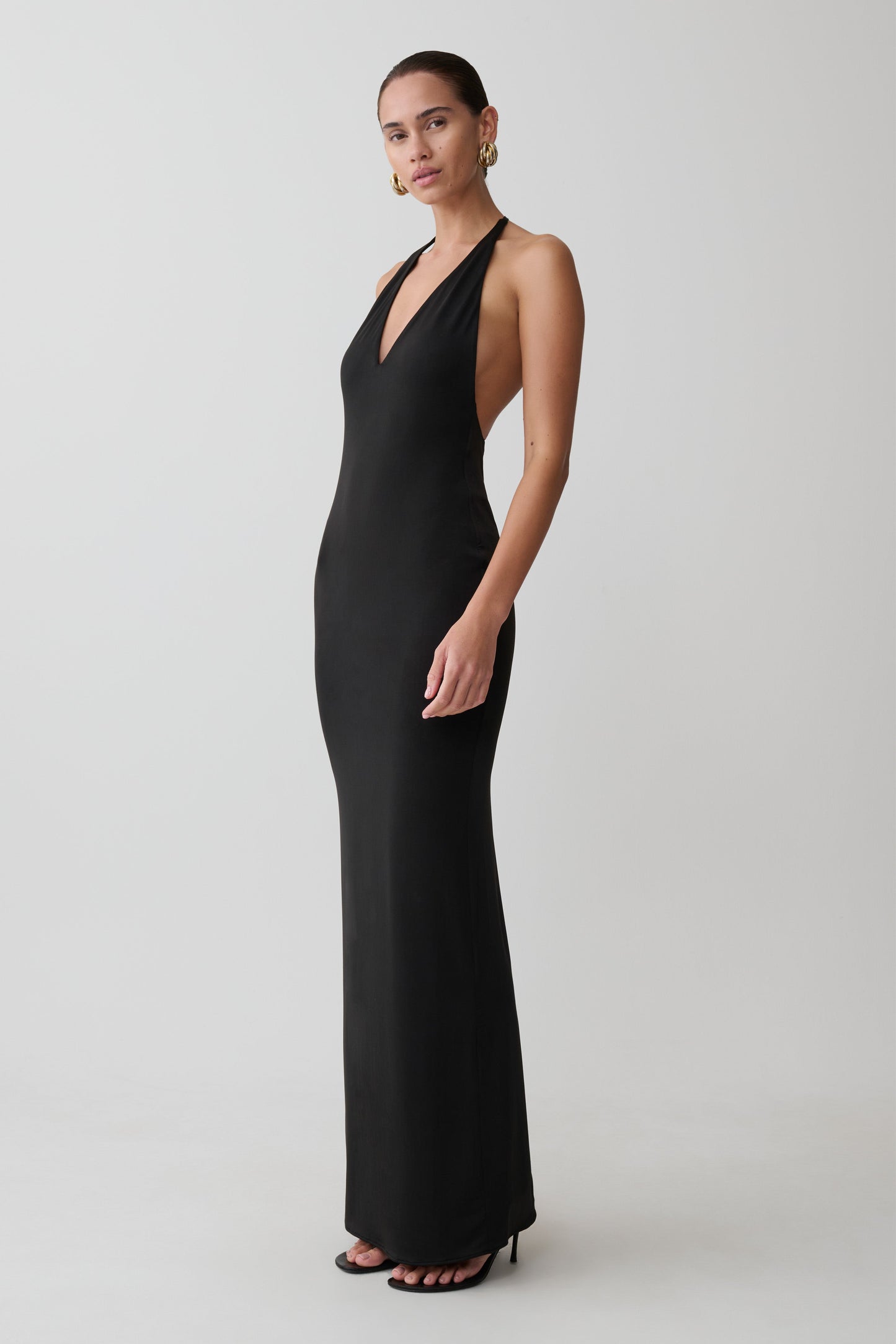 Hana Slinky Plunge Maxi Dress / Black | MESHKI