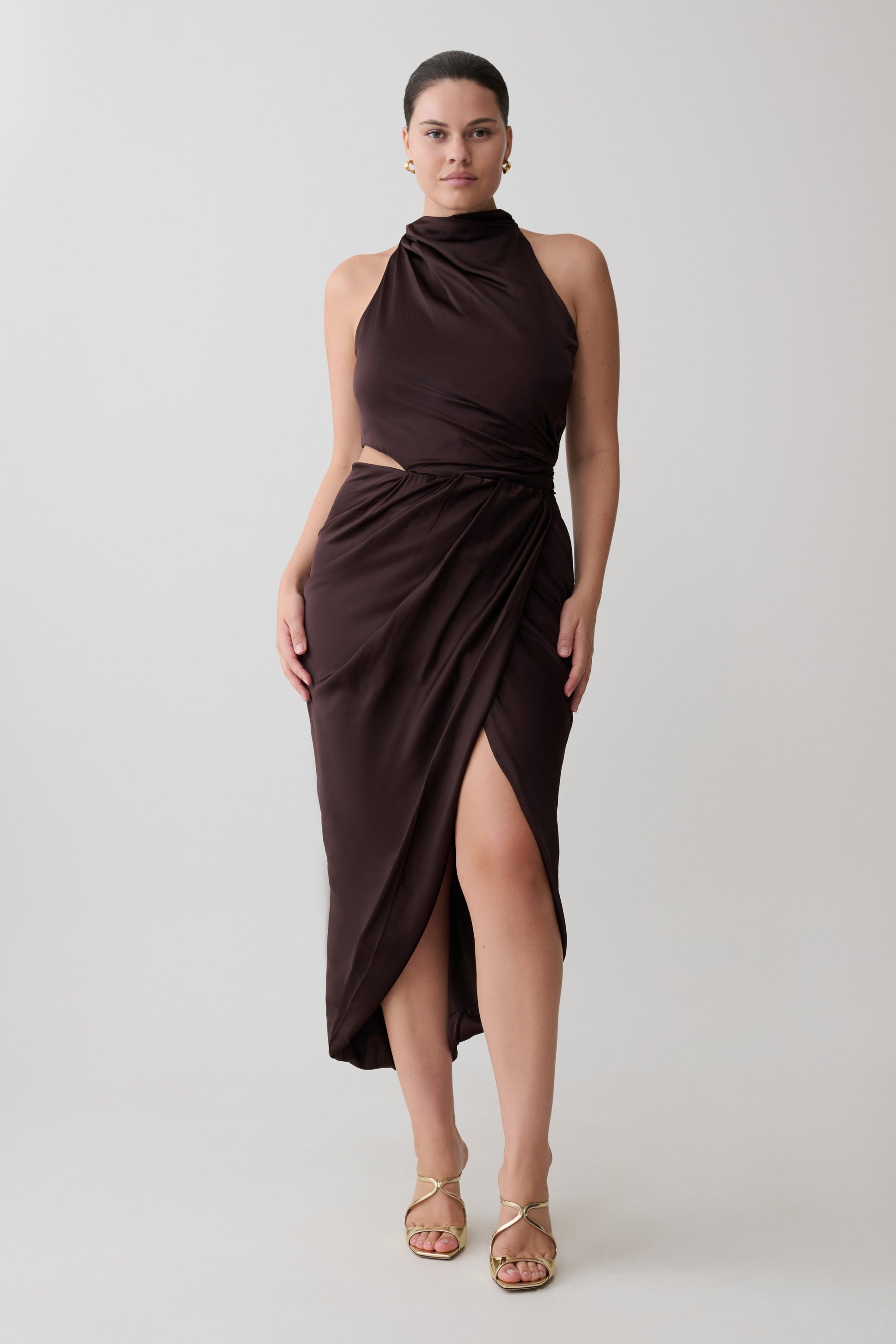 draped halter cocktail dress Halter Draped Design Midi Dress White