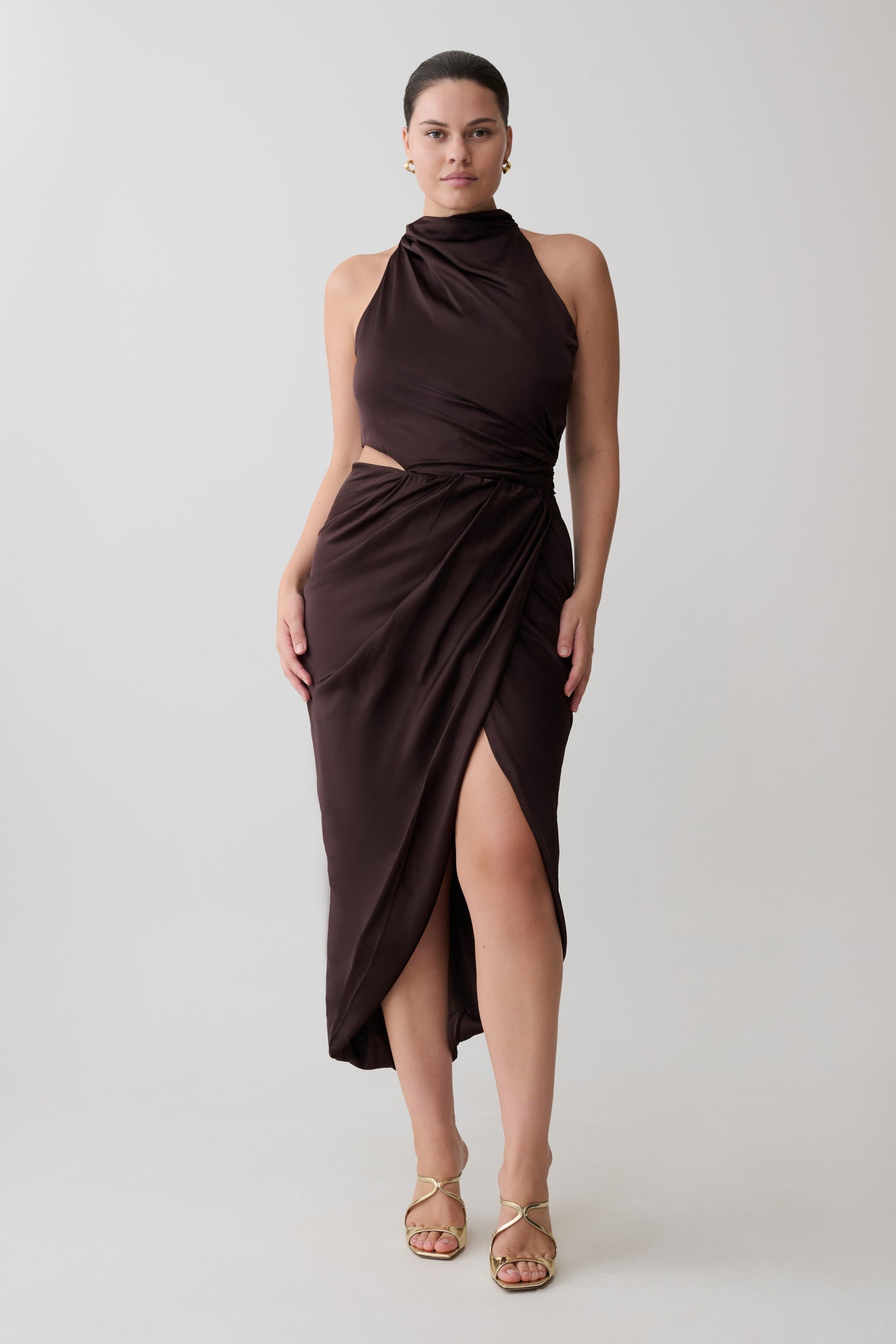 Aveline Draped Halter Midi Dress - Dark Chocolate