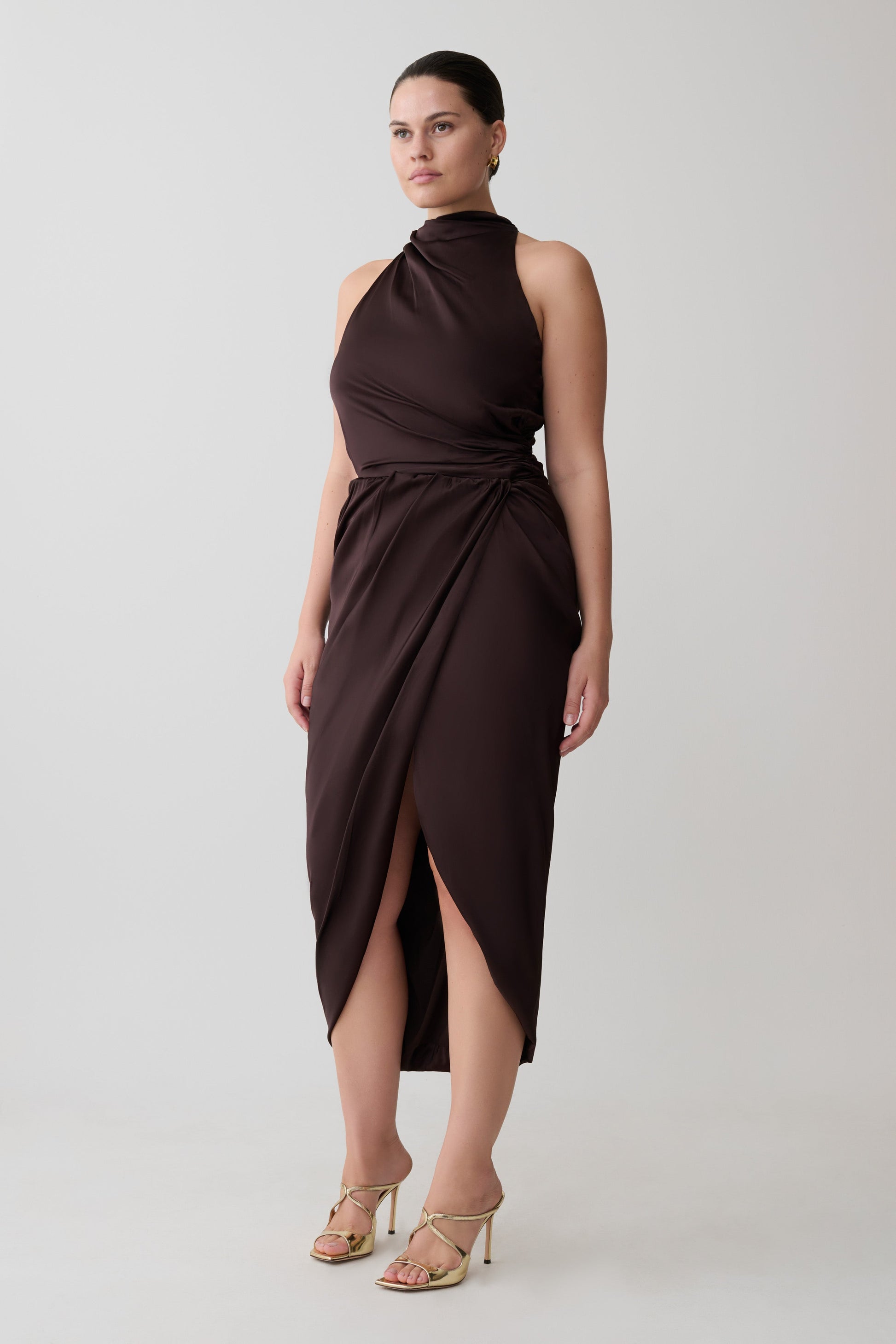 Aveline Draped Halter Midi Dress - Dark Chocolate | MESHKI US Aveline Draped Halter Midi Dress - Dark Chocolate | MESHKI US
