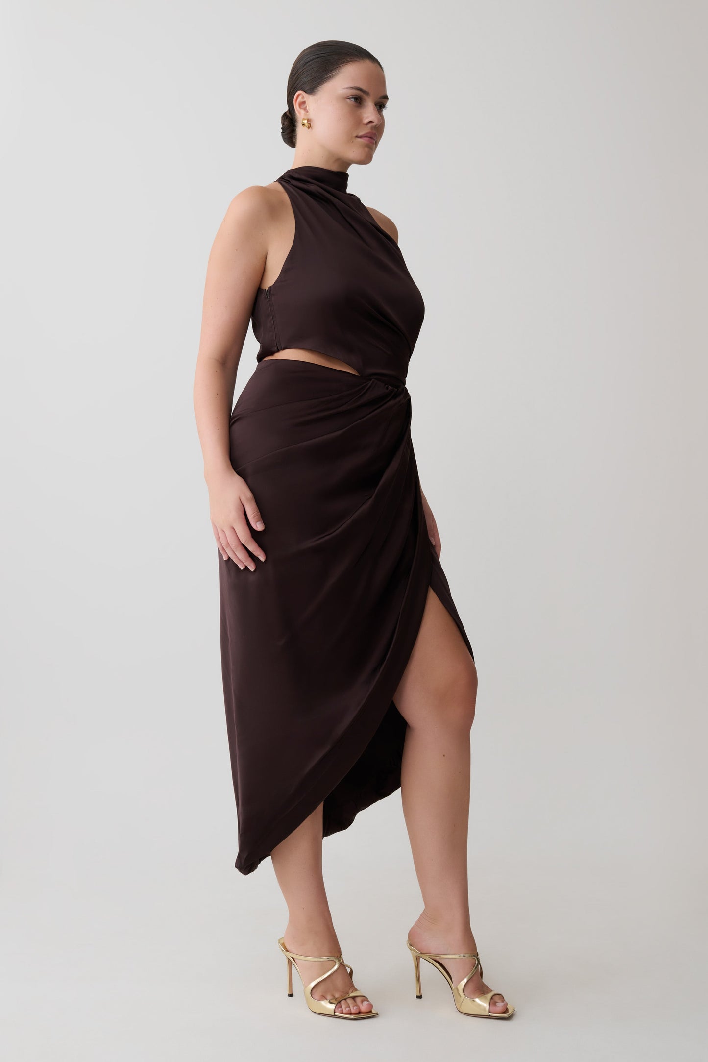 Aveline Draped Halter Midi Dress - Dark Chocolate