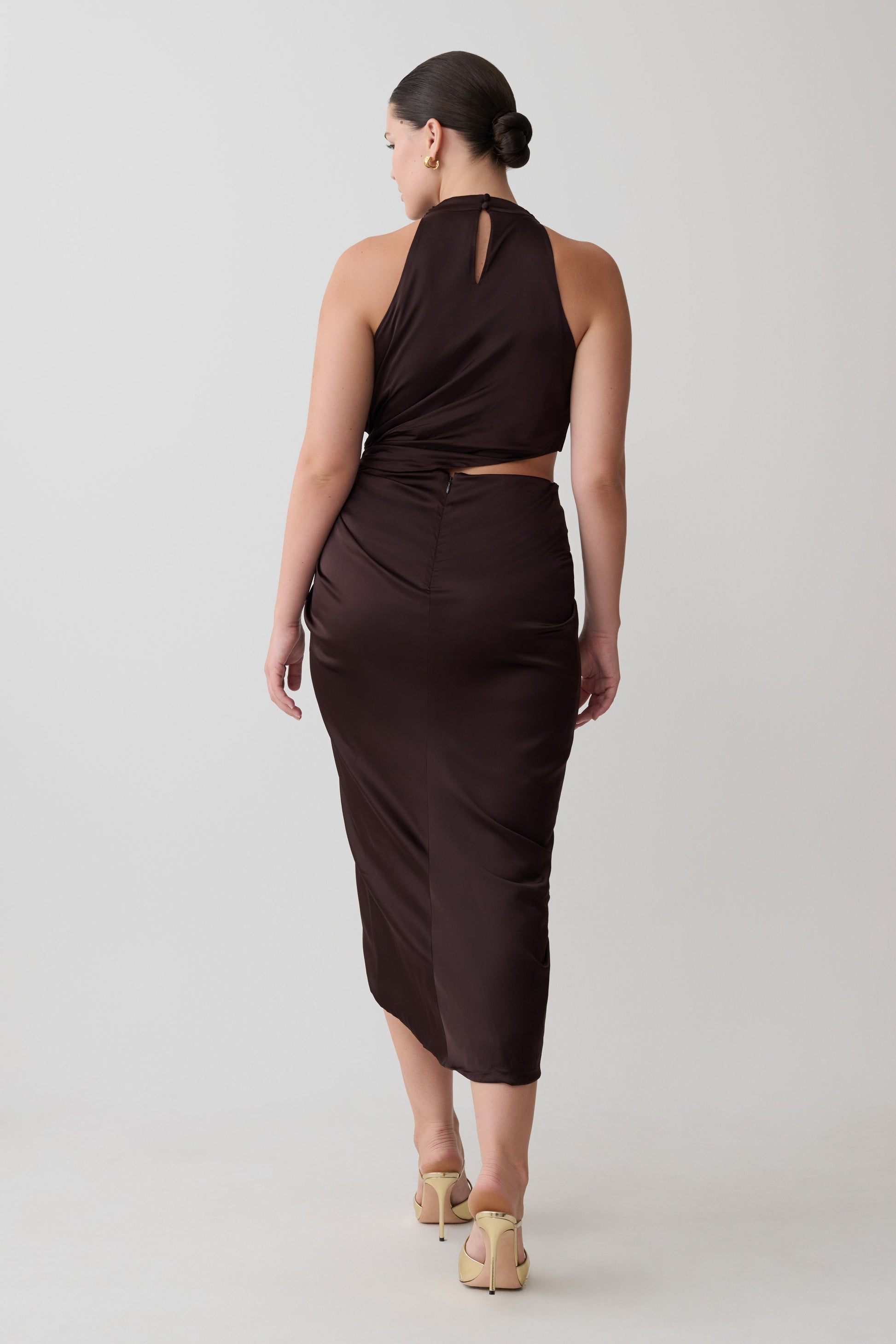 Aveline Draped Halter Midi Dress - Dark Chocolate | MESHKI US Aveline Draped Halter Midi Dress - Dark Chocolate | MESHKI US