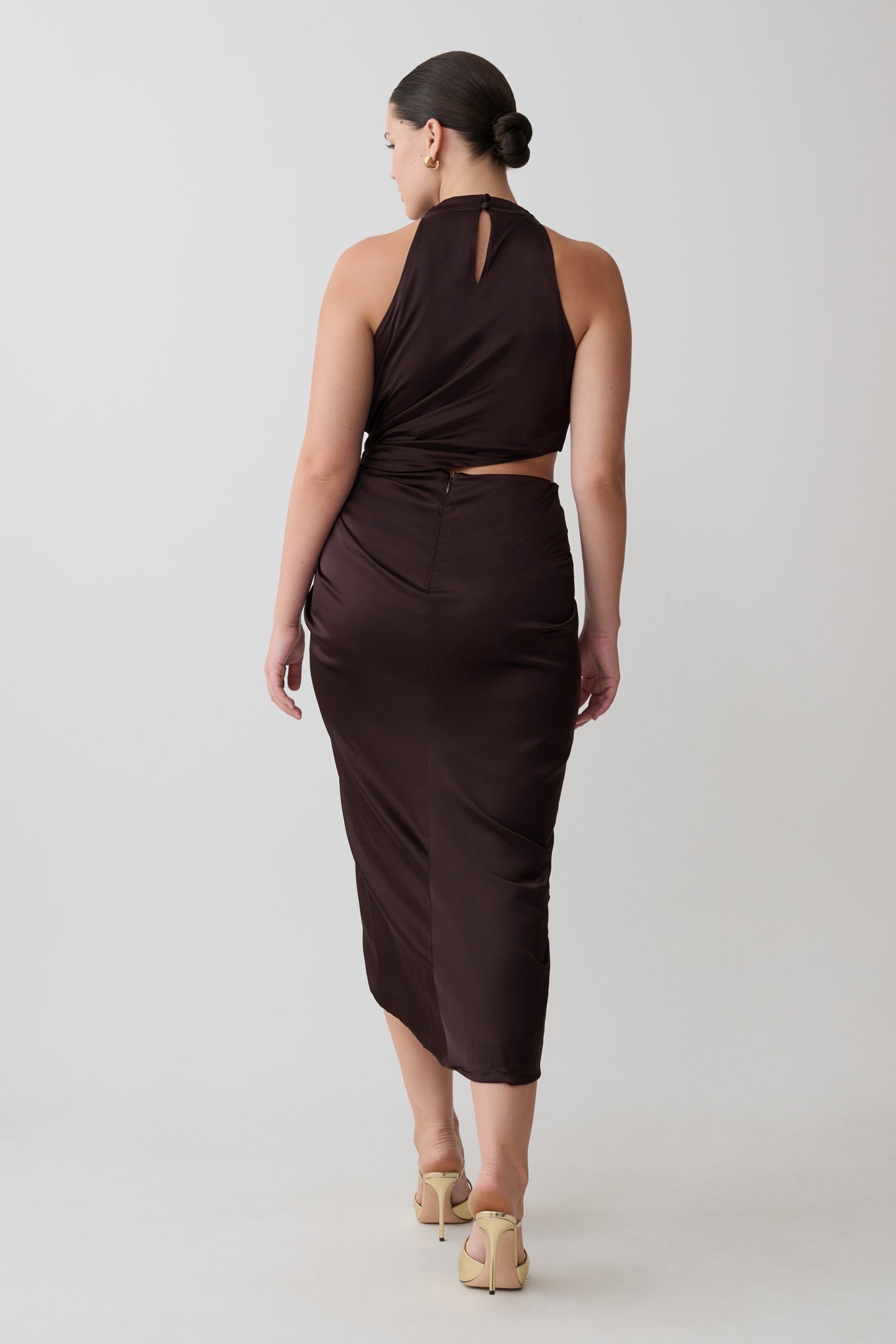 Aveline Draped Halter Midi Dress - Dark Chocolate