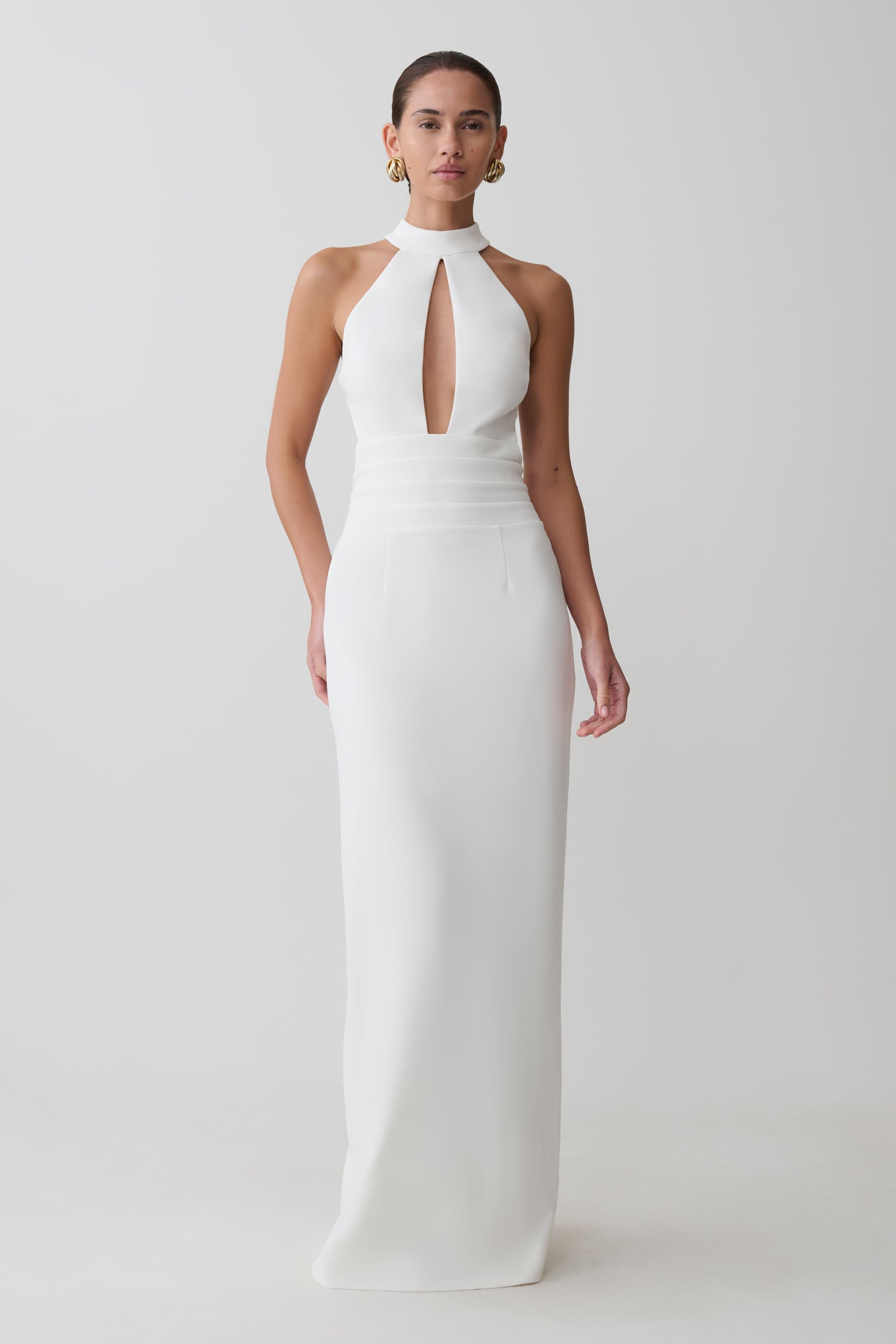 Elan Stretch Crepe Maxi Dress / White | MESHKI