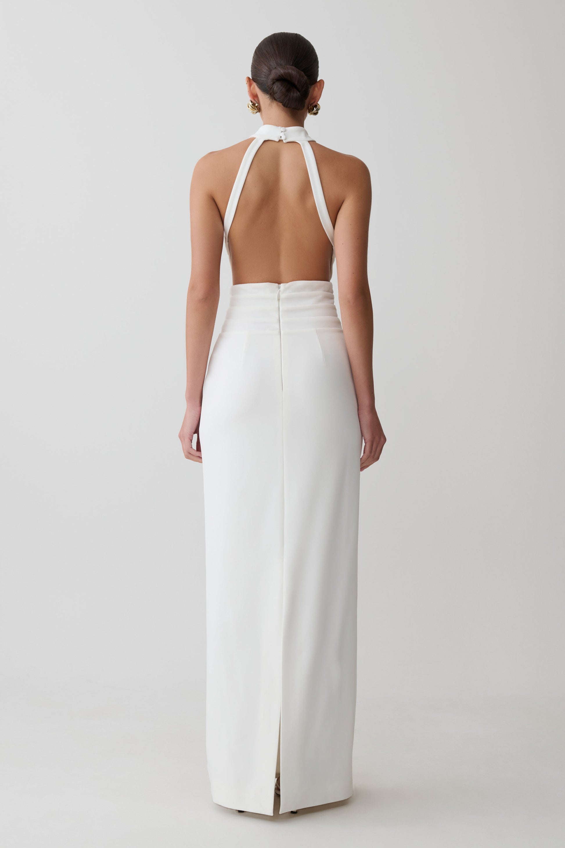 Elan Stretch Crepe Maxi Dress / White | MESHKI