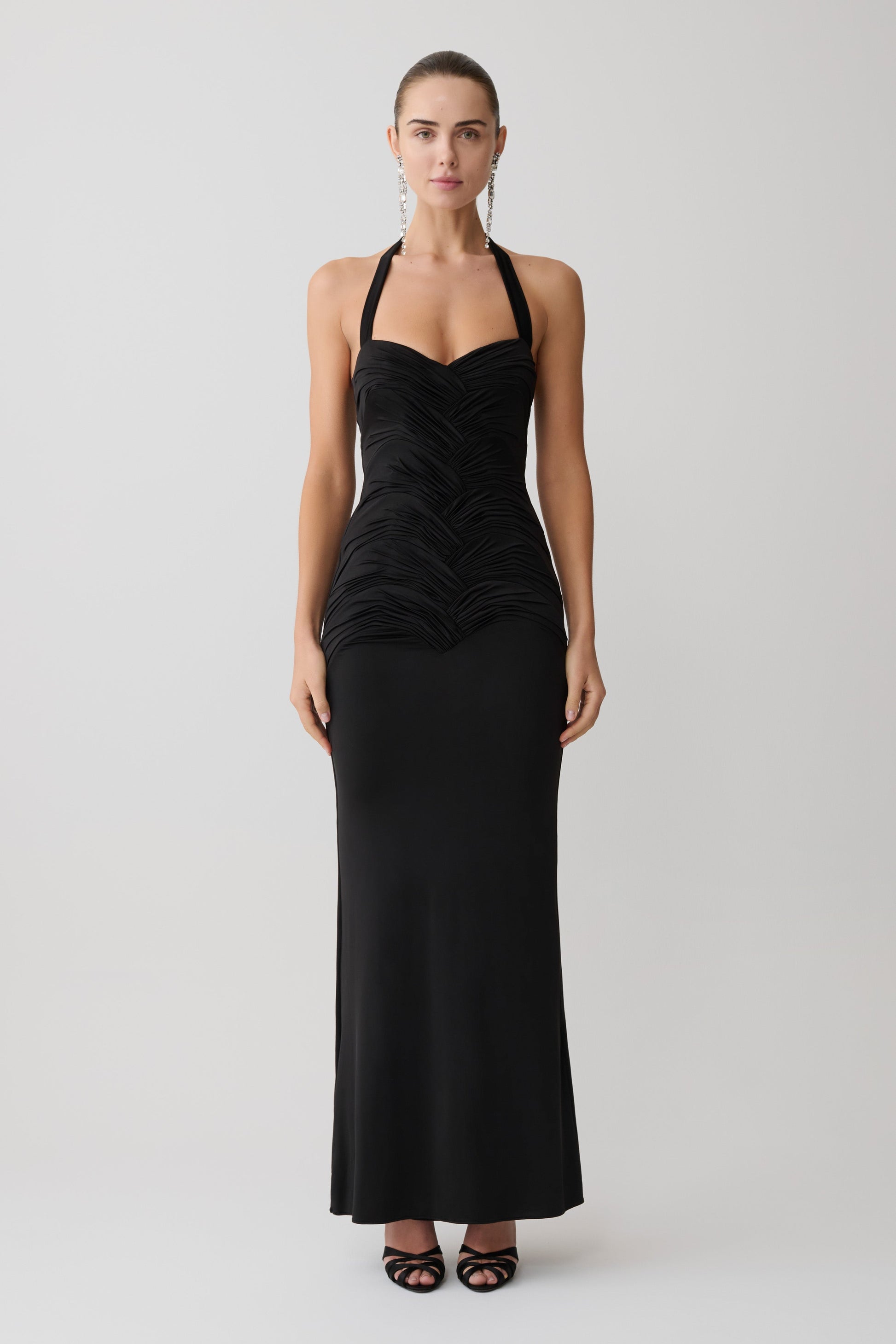 Hoai Gathered Slinky Halter Maxi Dress / Black | MESHKI