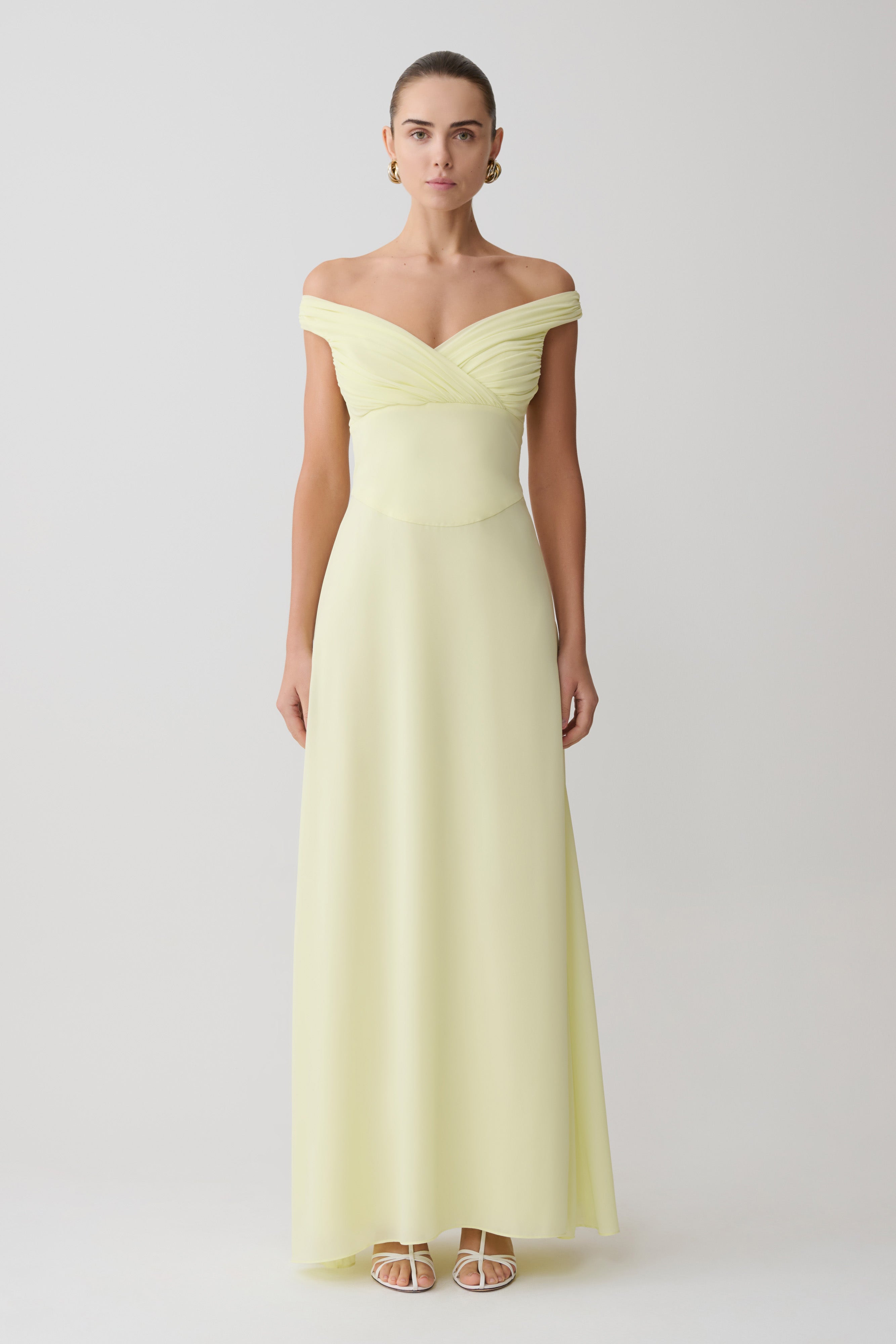 Mabel Off Shoulder Chiffon Maxi Dress - Lemon | MESHKI US