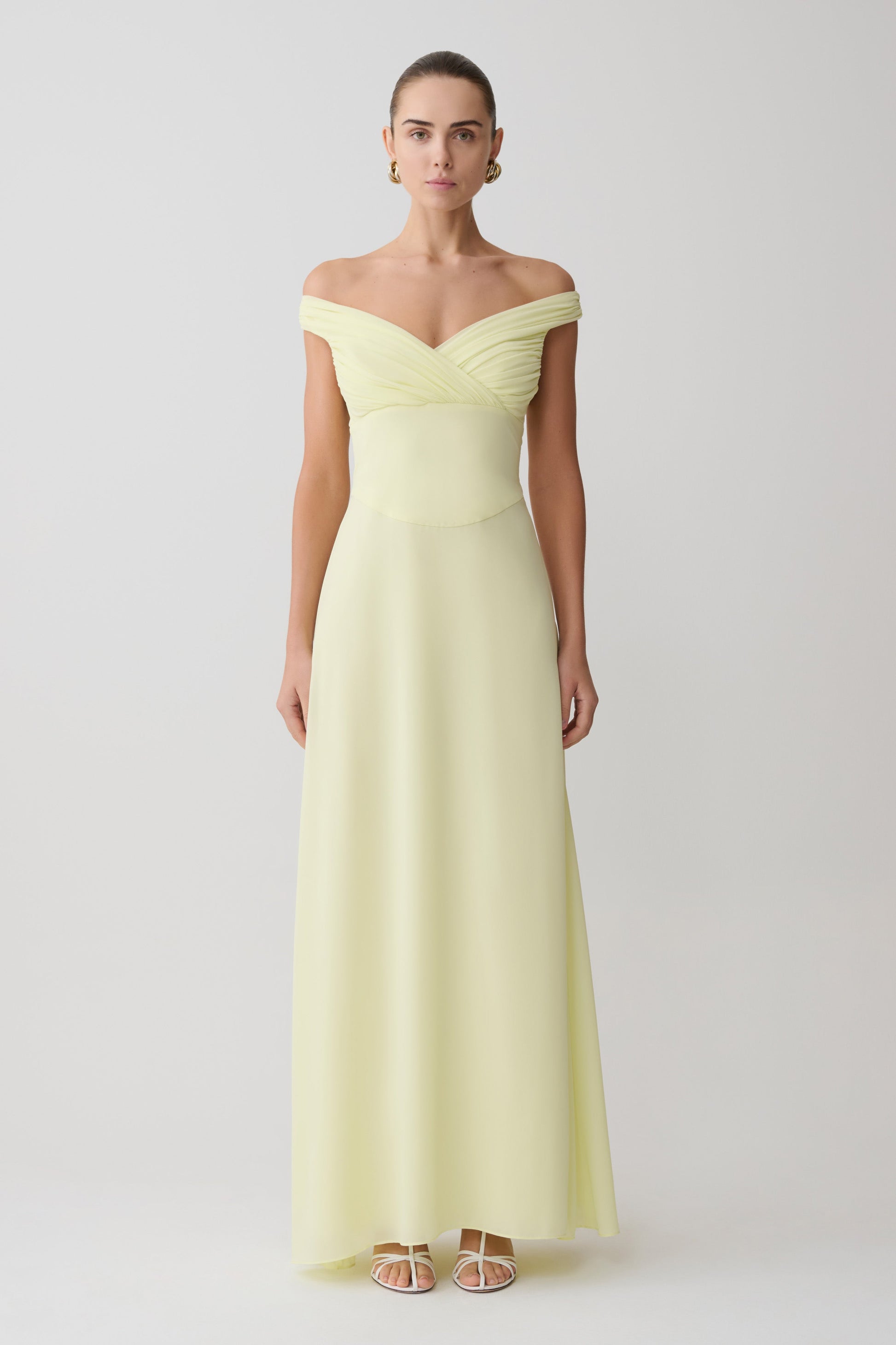 Mabel Off Shoulder Chiffon Maxi Dress / Lemon | MESHKI