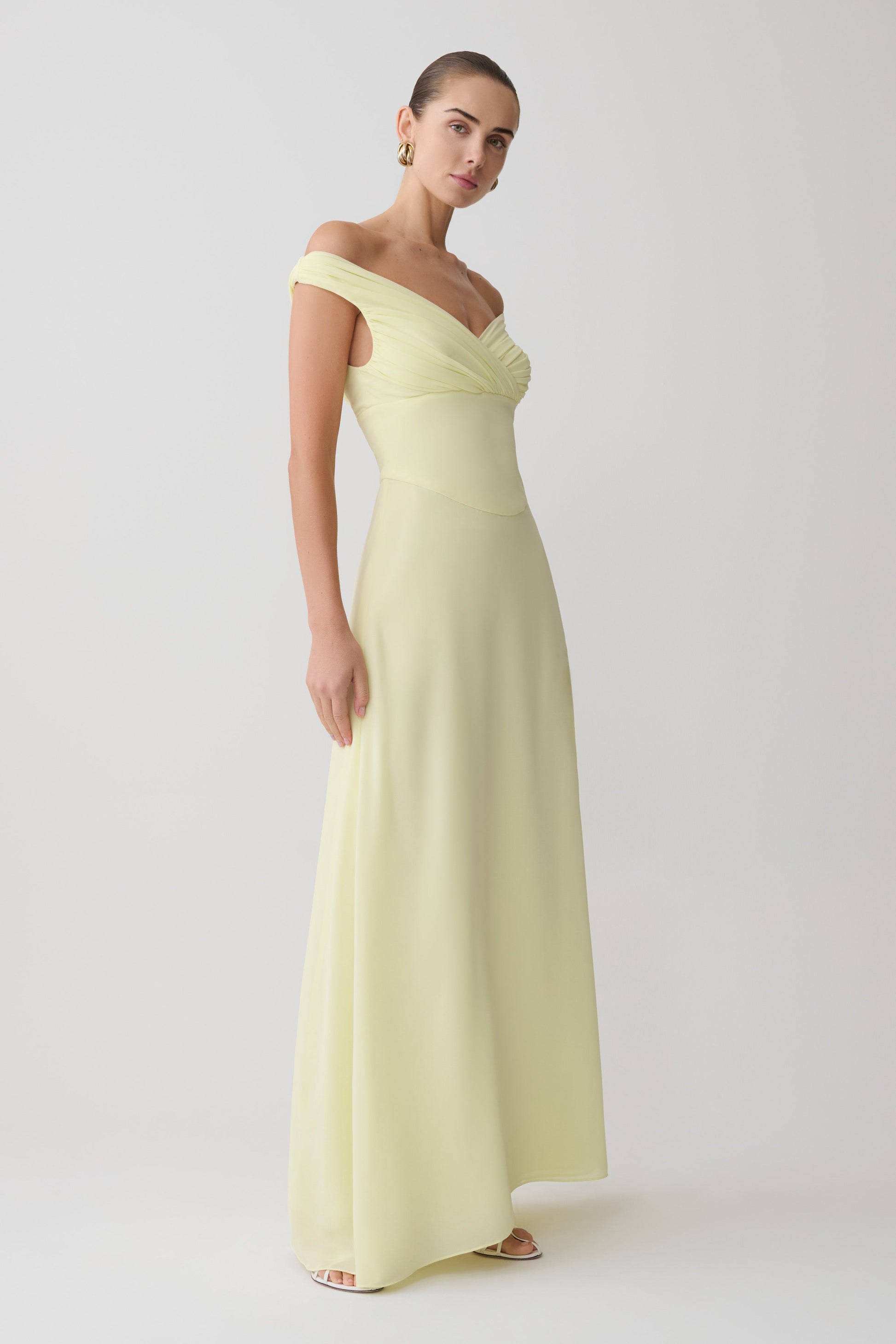 Mabel Off Shoulder Chiffon Maxi Dress / Lemon | MESHKI Mabel Off Shoulder Chiffon Maxi Dress / Lemon | MESHKI