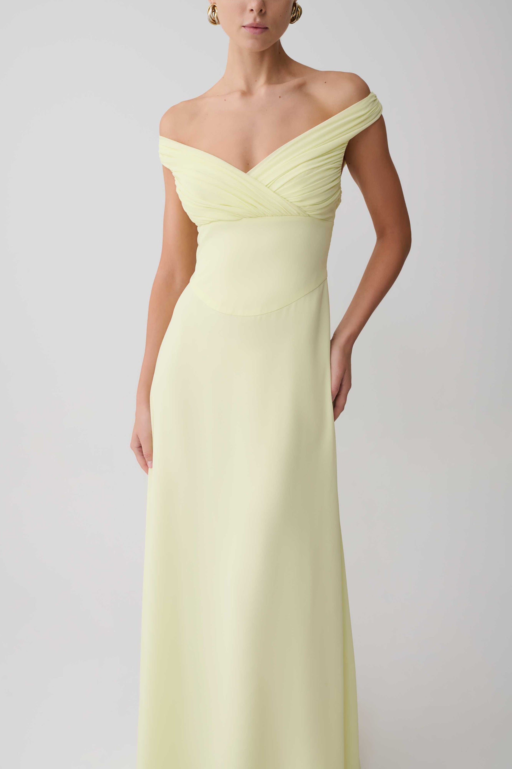 meshki mabel lace up maxi dress Mabel Off Shoulder Chiffon Maxi Dress - Lemon