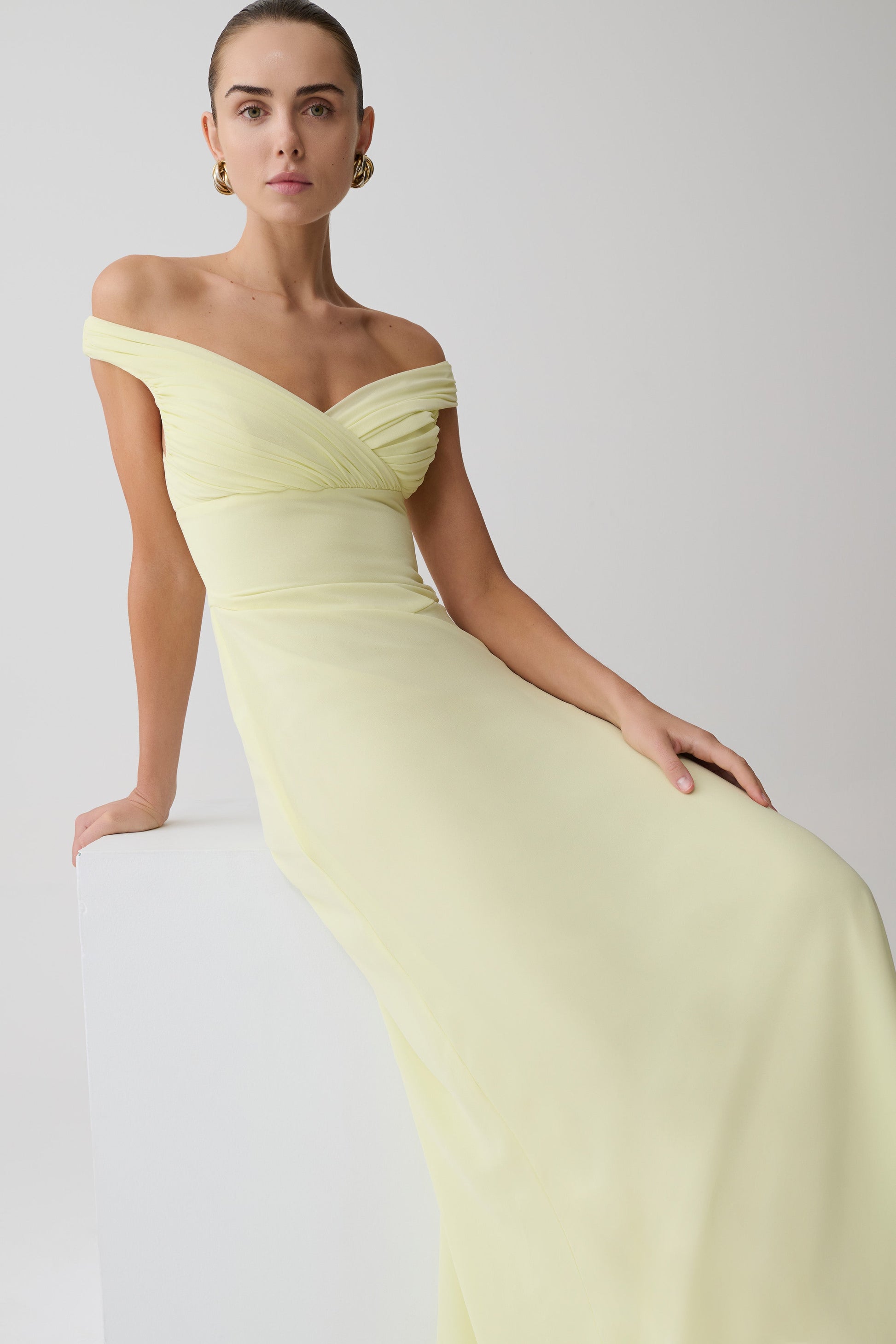 Mabel Off Shoulder Chiffon Maxi Dress - Lemon | MESHKI US Mabel Off Shoulder Chiffon Maxi Dress - Lemon | MESHKI US