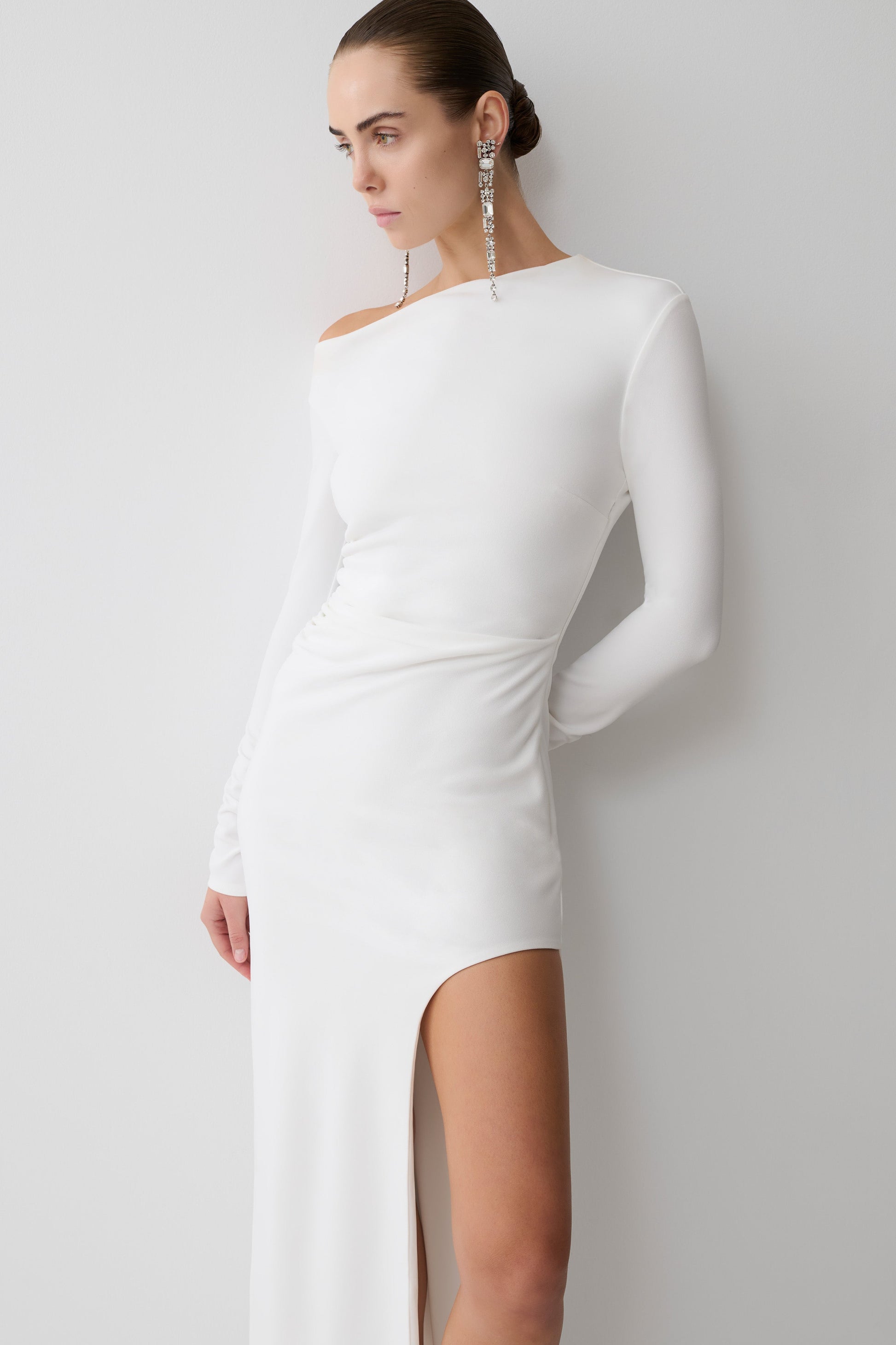 white maxi dress bodycon Solid-color Ruched Bodycon Maxi Dress White / XS