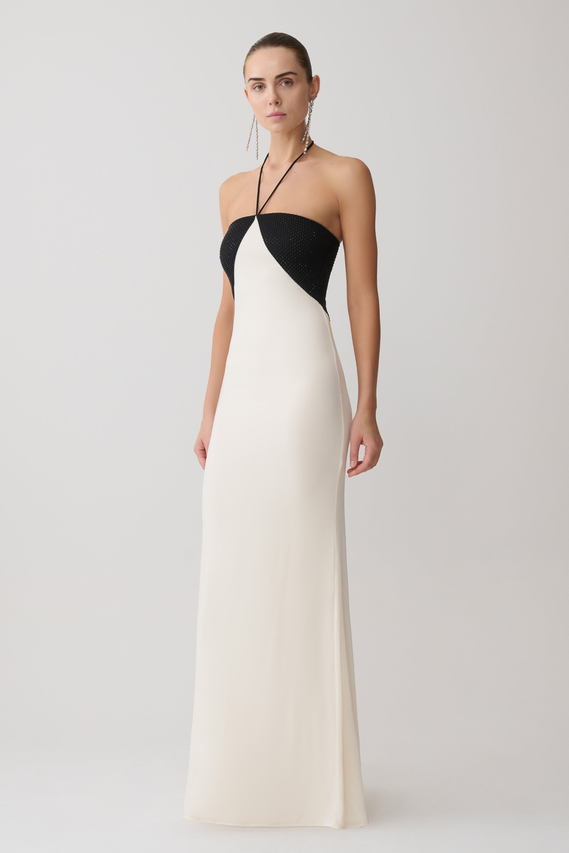 Hien Sequin Halter Maxi Dress / Black/Ivory | MESHKI