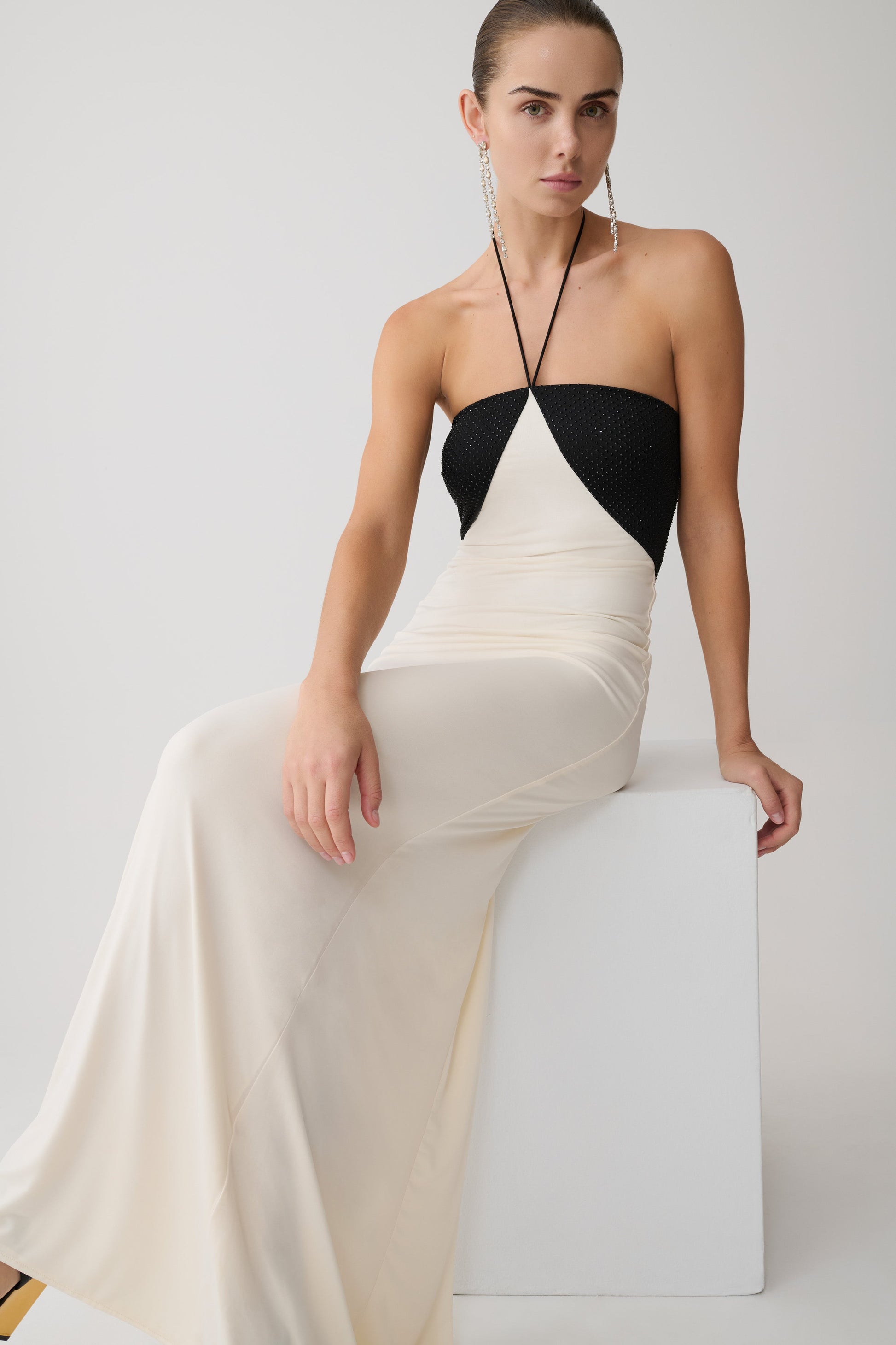 Hien Sequin Halter Maxi Dress - Black/Ivory | MESHKI US Hien Sequin Halter Maxi Dress - Black/Ivory | MESHKI US