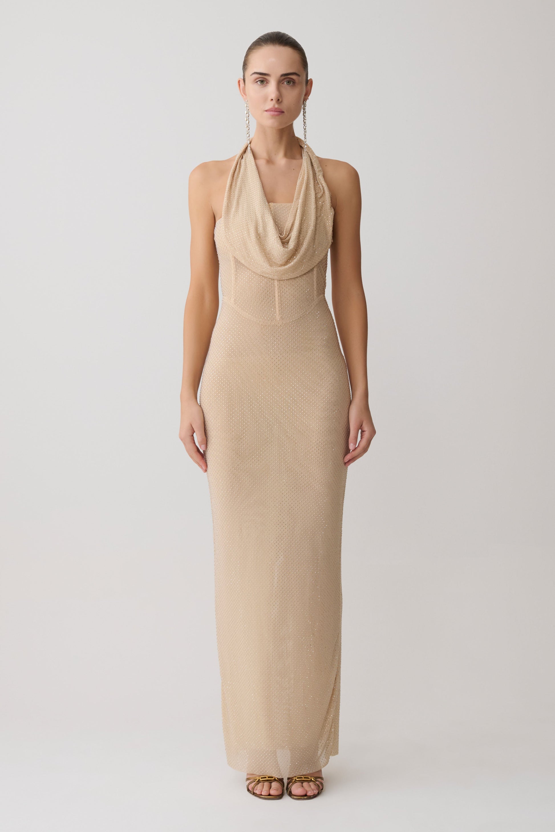 Phi Multi-Wear Cowl Diamante Maxi Dress - Gold | MESHKI US Phi Multi-Wear Cowl Diamante Maxi Dress - Gold | MESHKI US