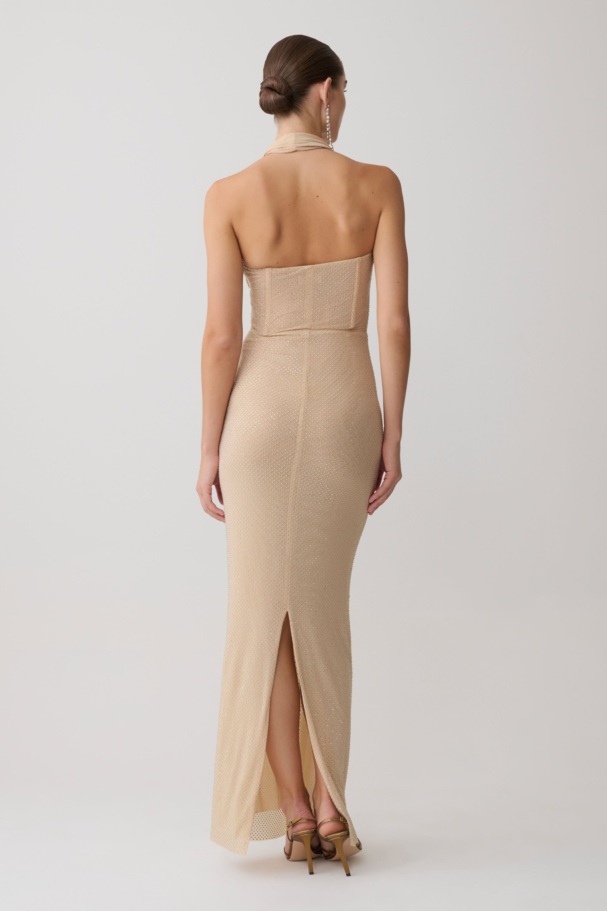 green emerald velvet dress Phi Multi-Wear Cowl Diamante Maxi Dress - Gold