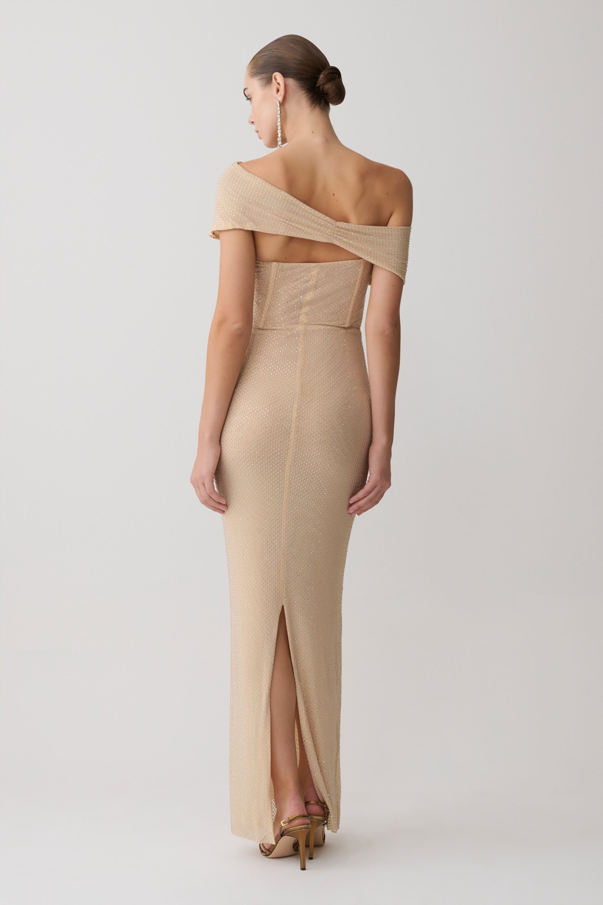 Phi Multi-Wear Cowl Diamante Maxi Dress - Gold | MESHKI US Phi Multi-Wear Cowl Diamante Maxi Dress - Gold | MESHKI US