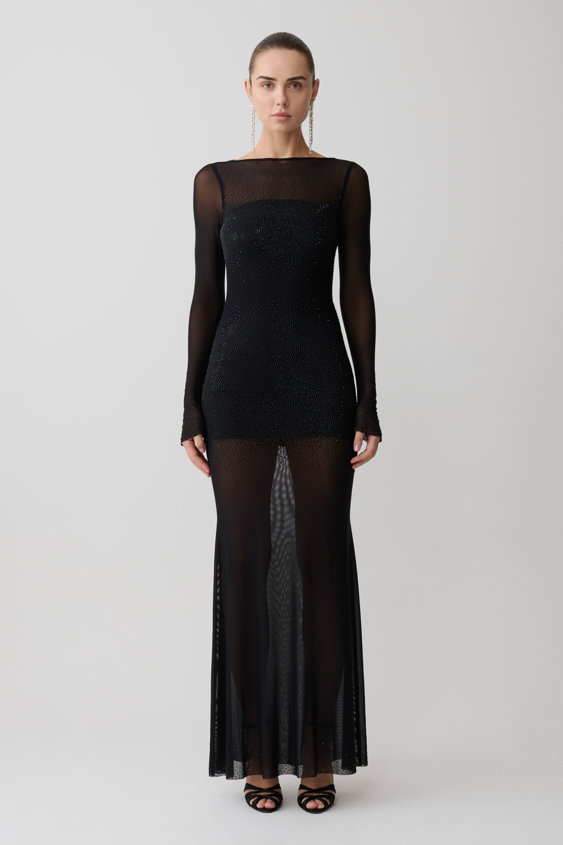 black mesh dress long Kaitlin One Shoulder Slinky And Maxi / | MESHKI Fabric has some stretch Black Dress - Long Sleeve